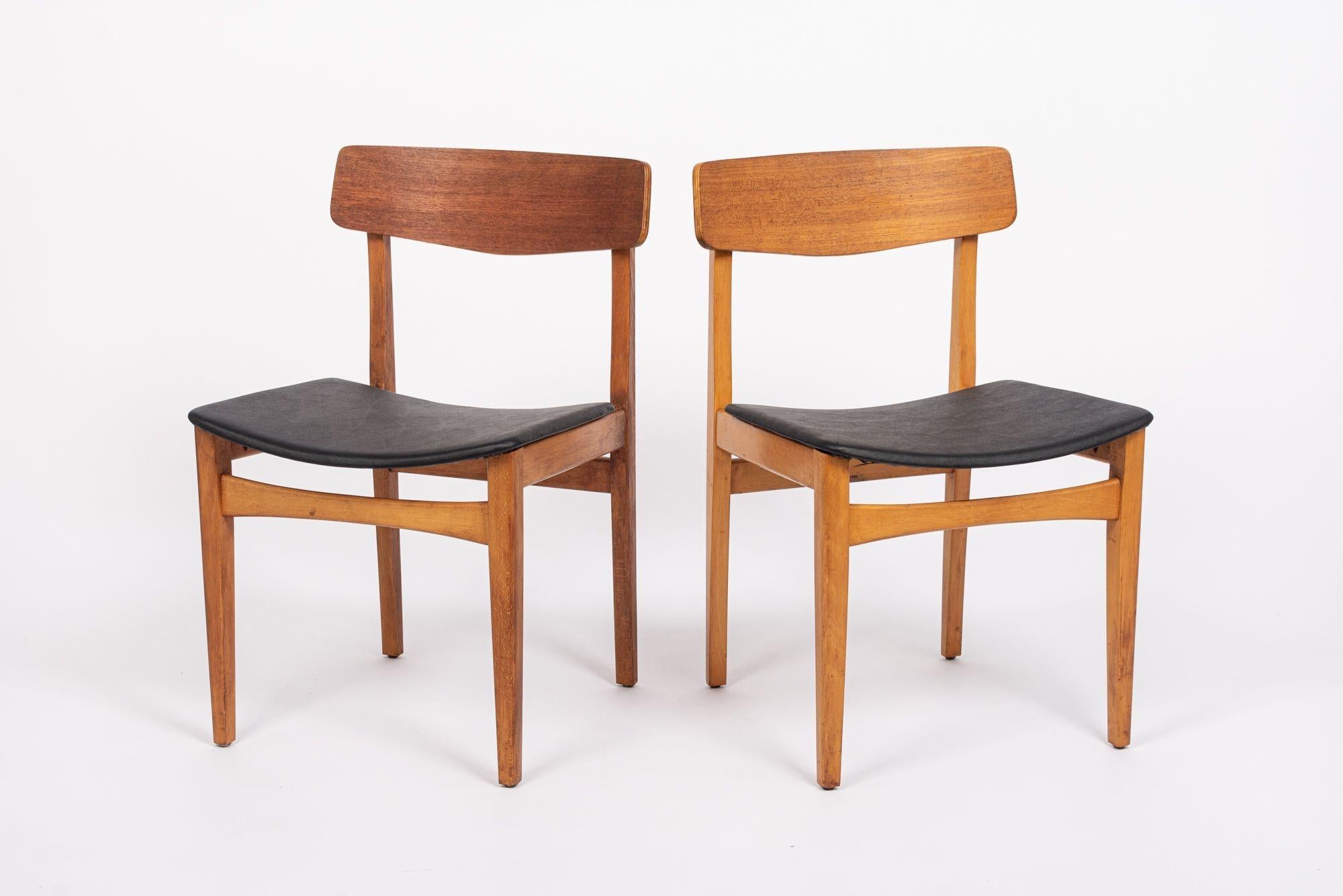 Mid Century Danish Teak Wood & Black Vinyl Dining Chairs For Sale 7