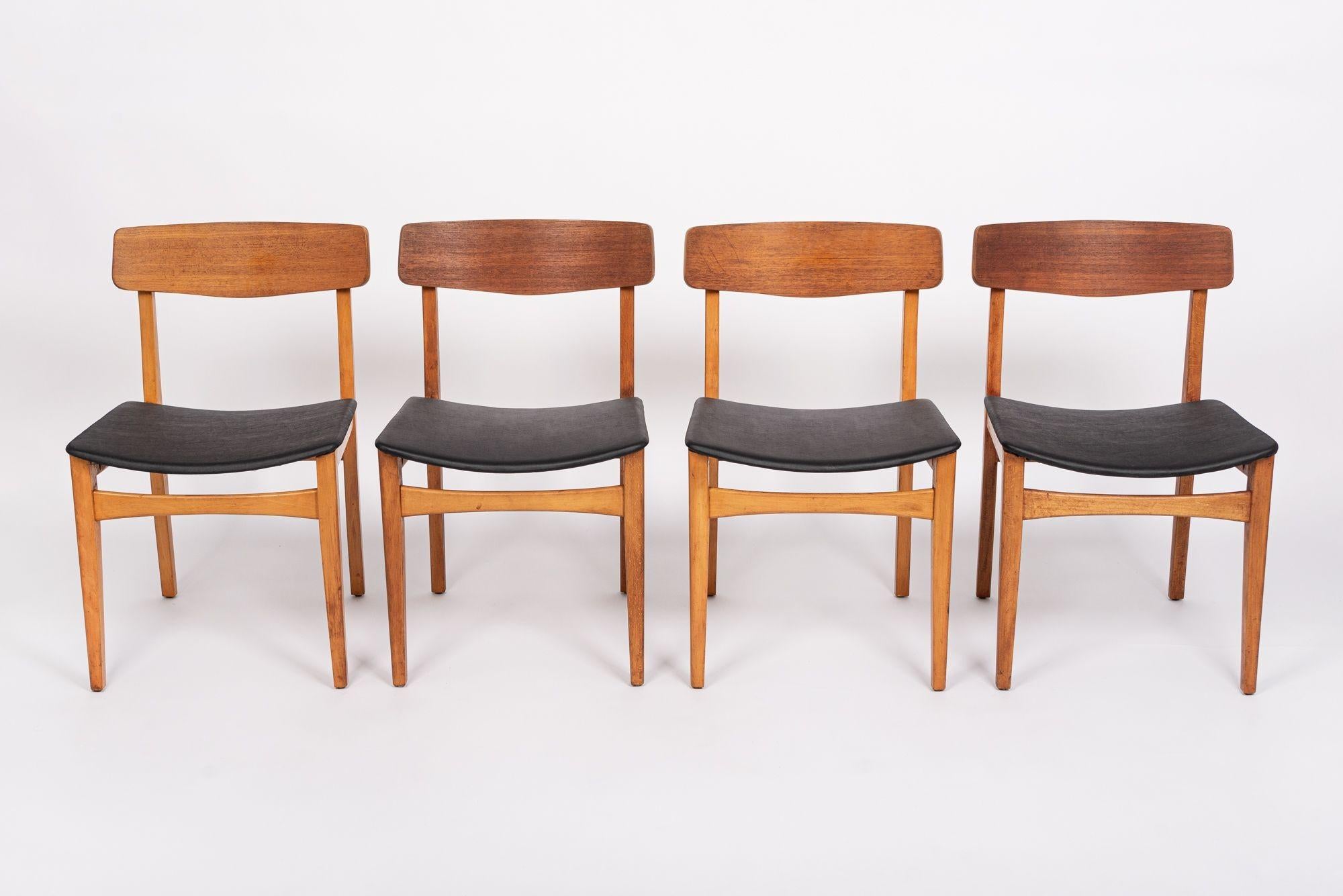 Mid-Century Modern Mid Century Danish Teak Wood & Black Vinyl Dining Chairs For Sale