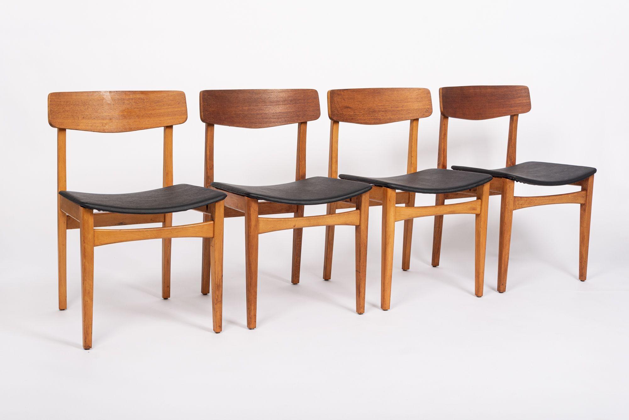 Mid-Century Modern Mid Century Danish Teak Wood & Black Vinyl Dining Chairs For Sale