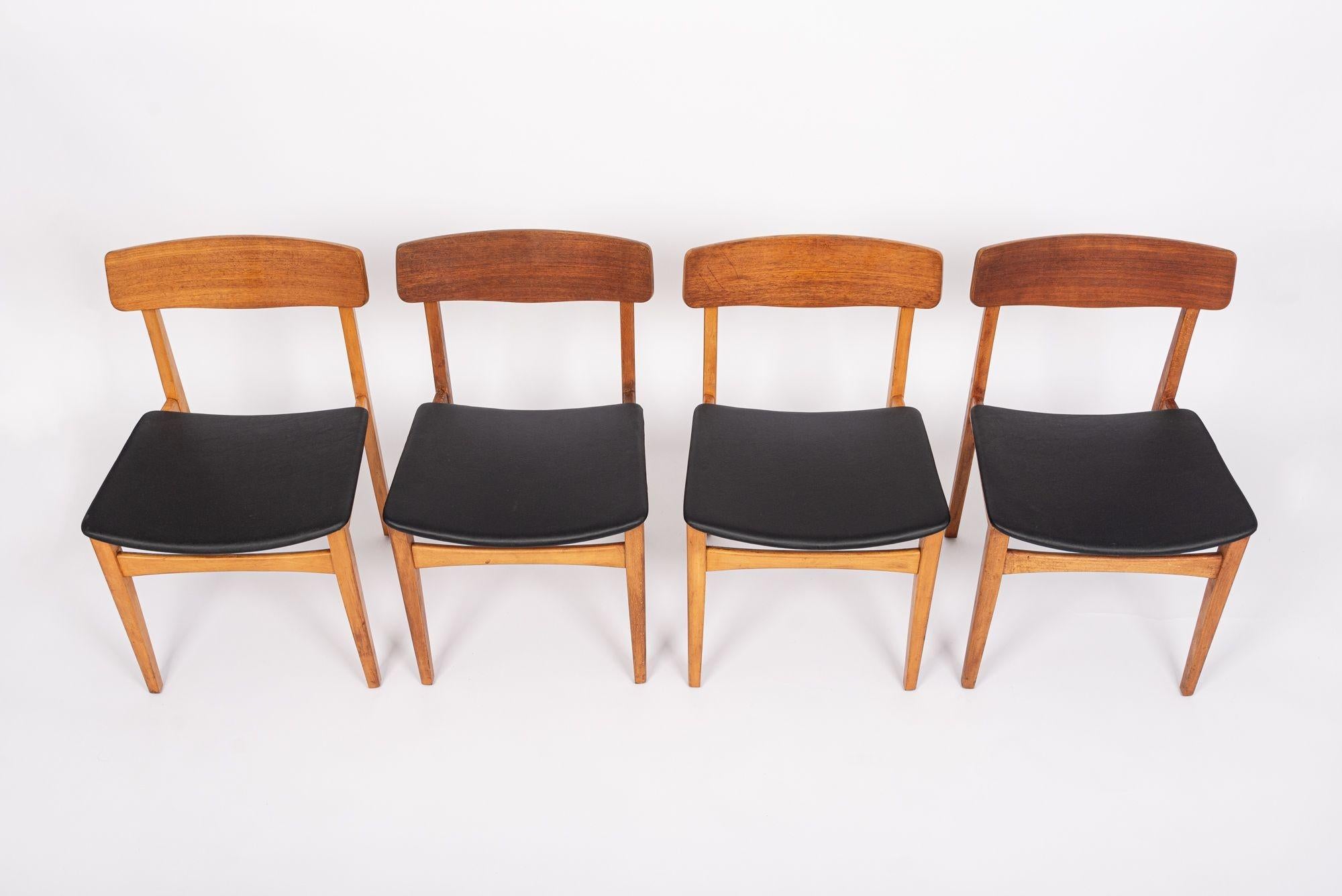 Upholstery Mid Century Danish Teak Wood & Black Vinyl Dining Chairs For Sale