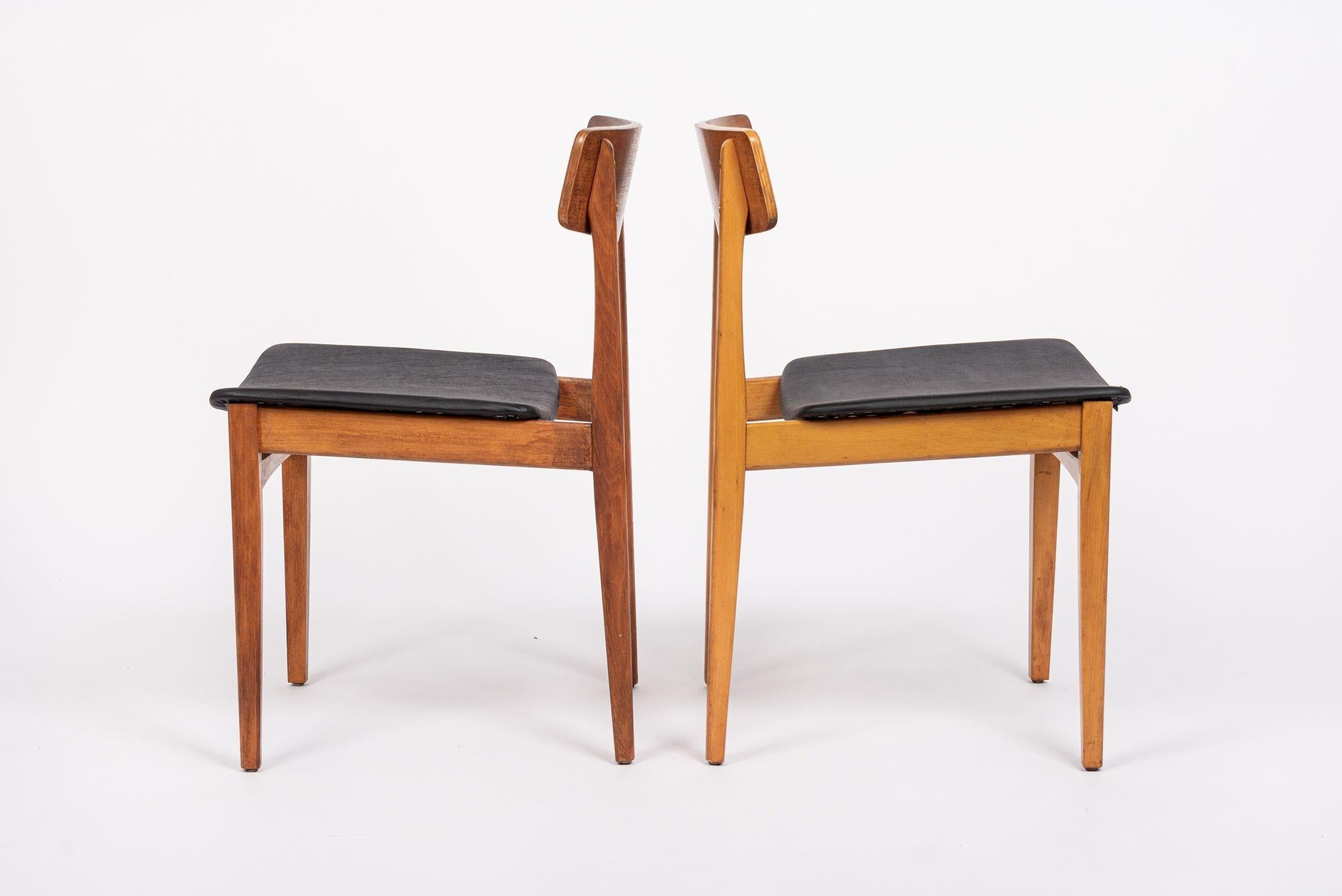 Upholstery Mid Century Danish Teak Wood & Black Vinyl Dining Chairs For Sale