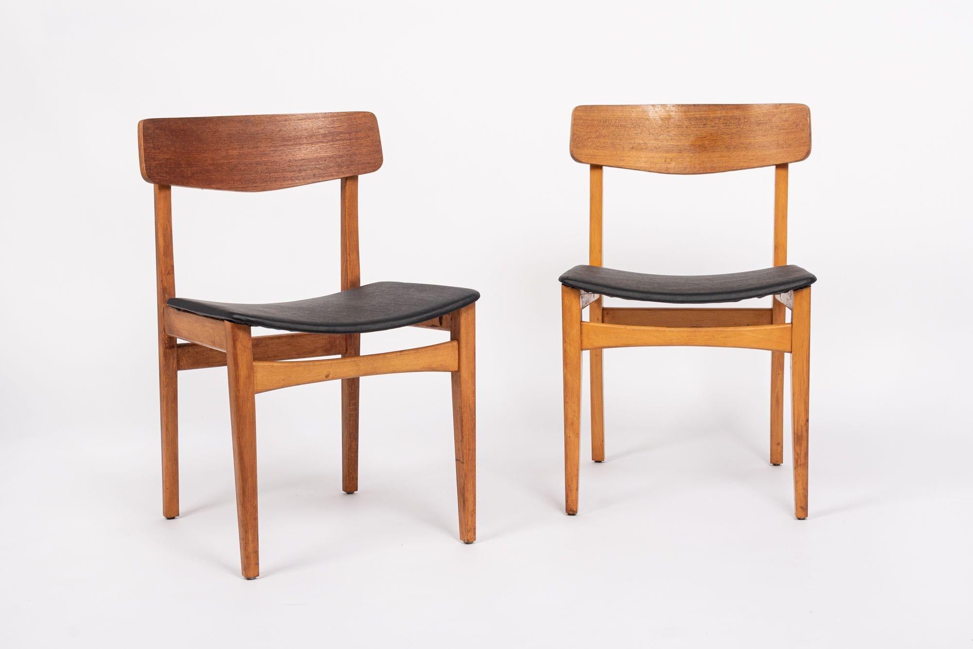 Mid Century Danish Teak Wood & Black Vinyl Dining Chairs For Sale 1
