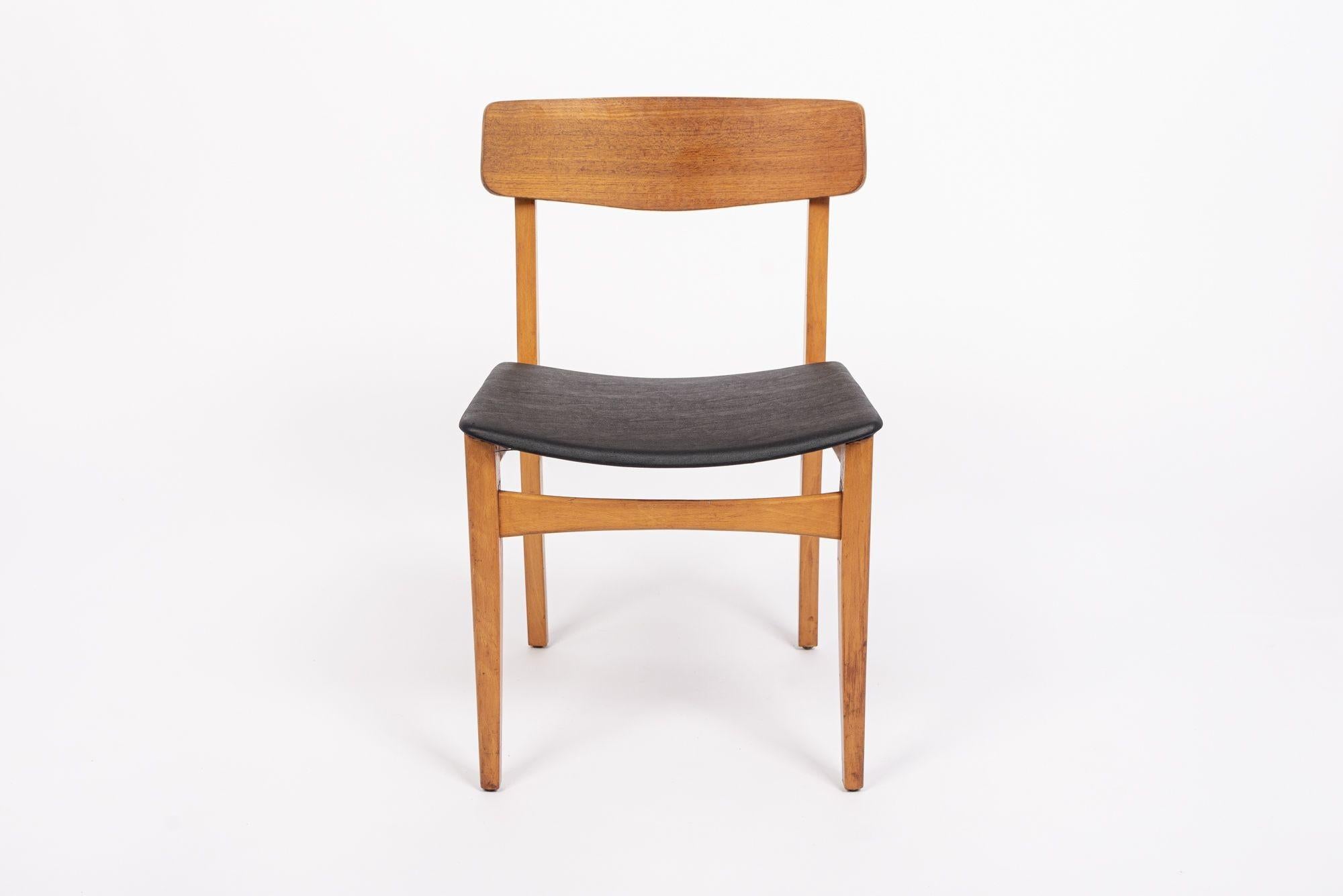 Mid Century Danish Teak Wood & Black Vinyl Dining Chairs For Sale 1