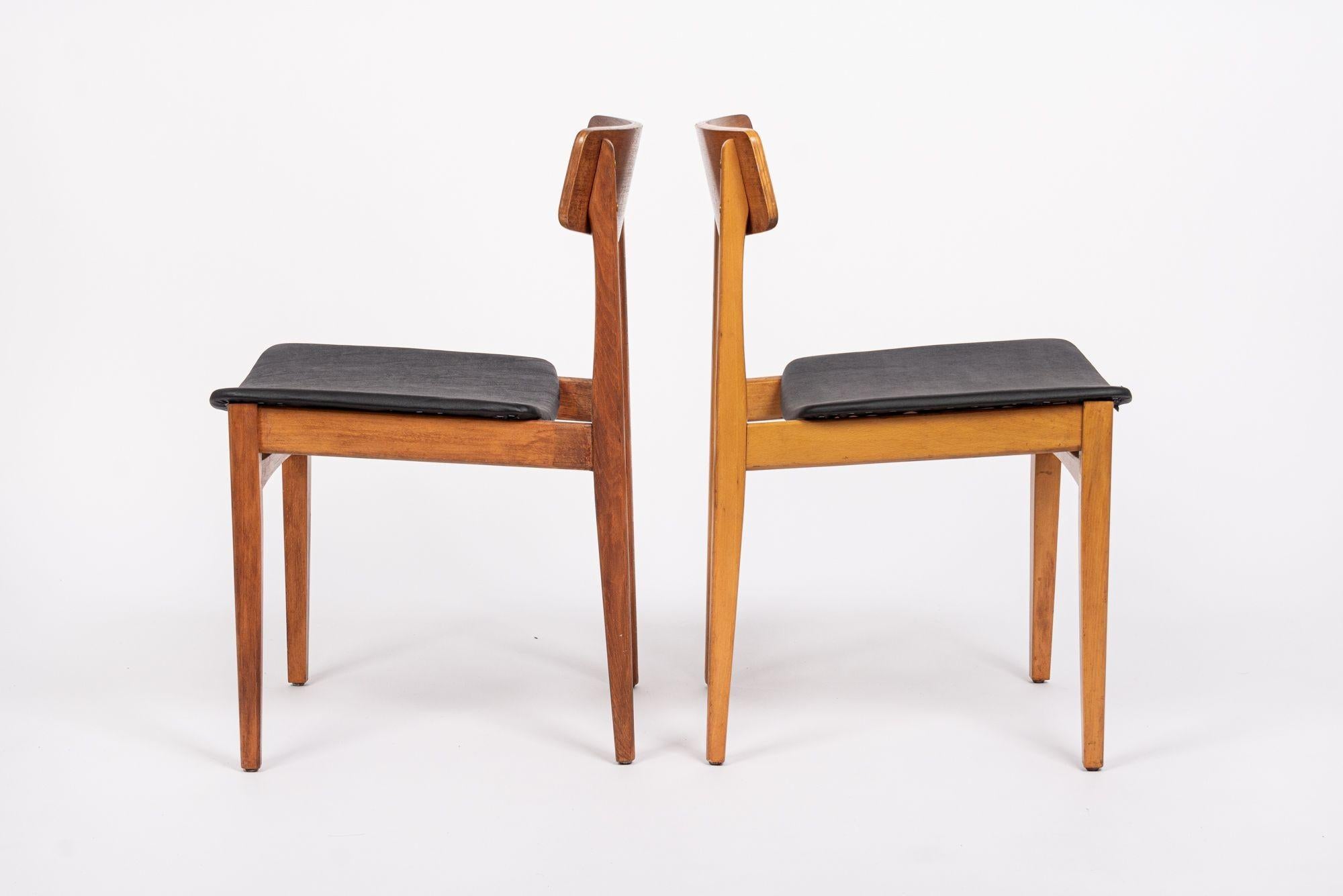 Mid Century Danish Teak Wood & Black Vinyl Dining Chairs For Sale 2