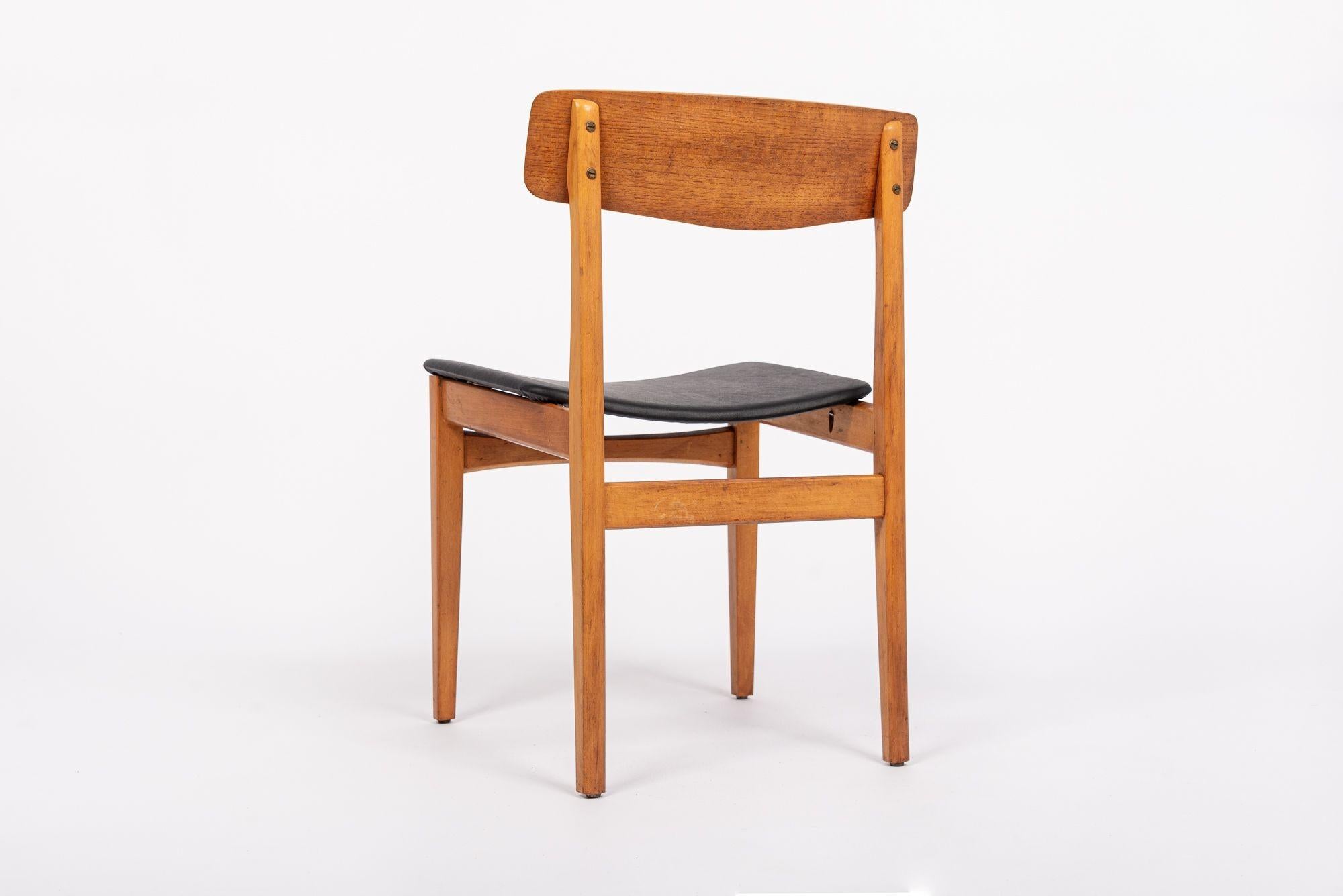Mid Century Danish Teak Wood & Black Vinyl Dining Chairs For Sale 2