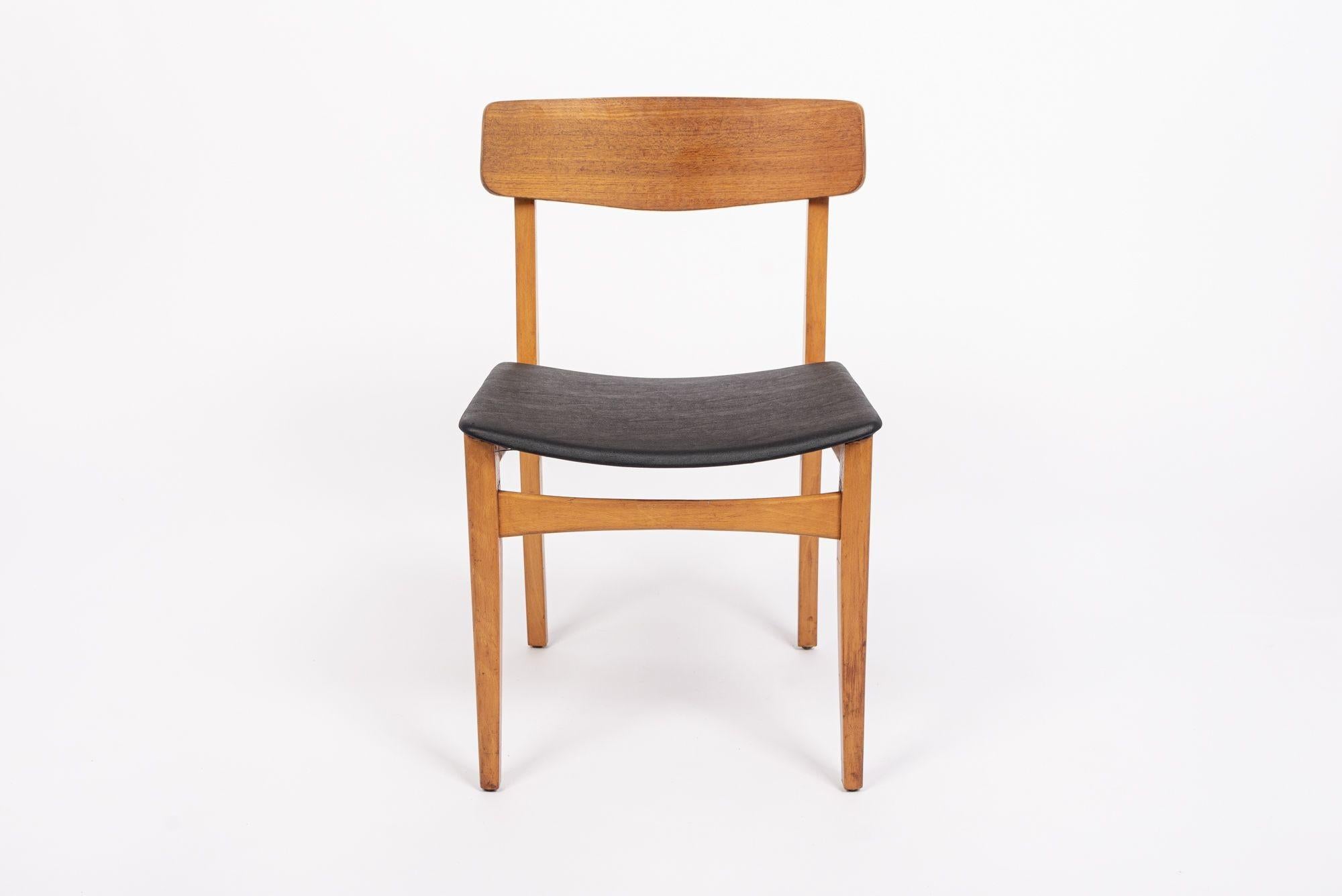 Mid Century Danish Teak Wood & Black Vinyl Dining Chairs For Sale 3