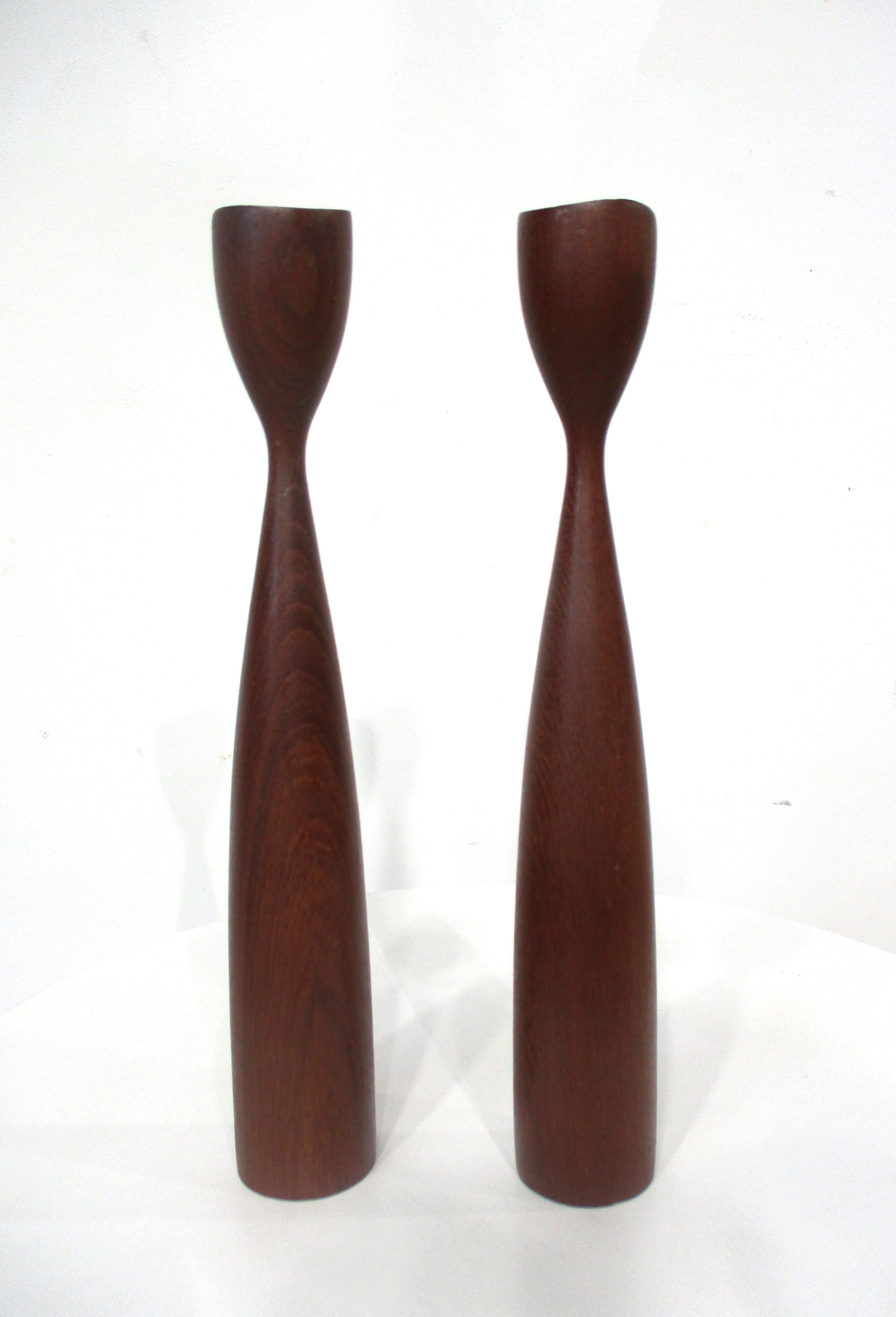 Mid Century Danish Teak Wood Candle Sticks  In Good Condition In Cincinnati, OH