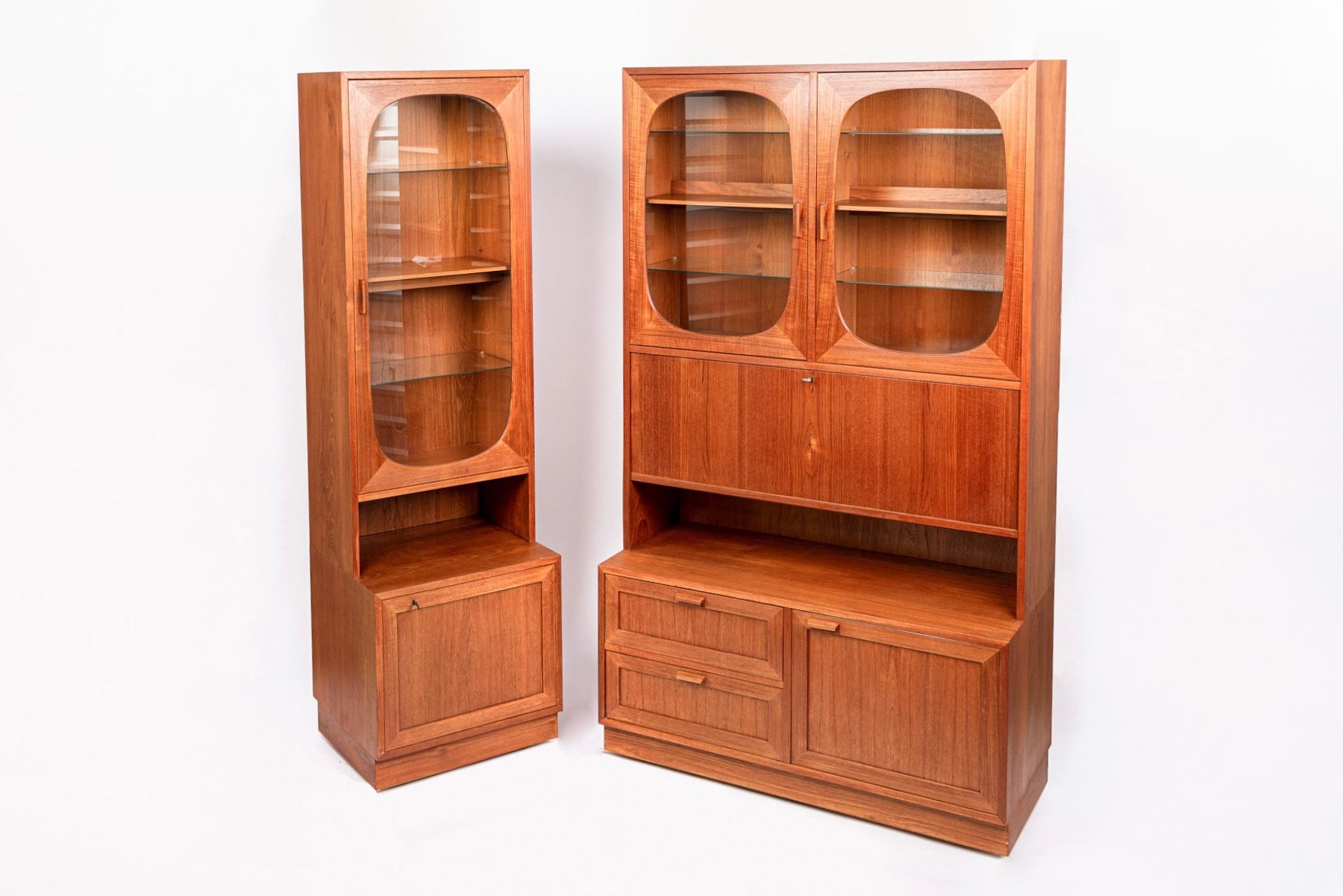 Mid Century Danish Teak Wood Display Cabinets with Glass Doors & Drop-down In Good Condition In Detroit, MI