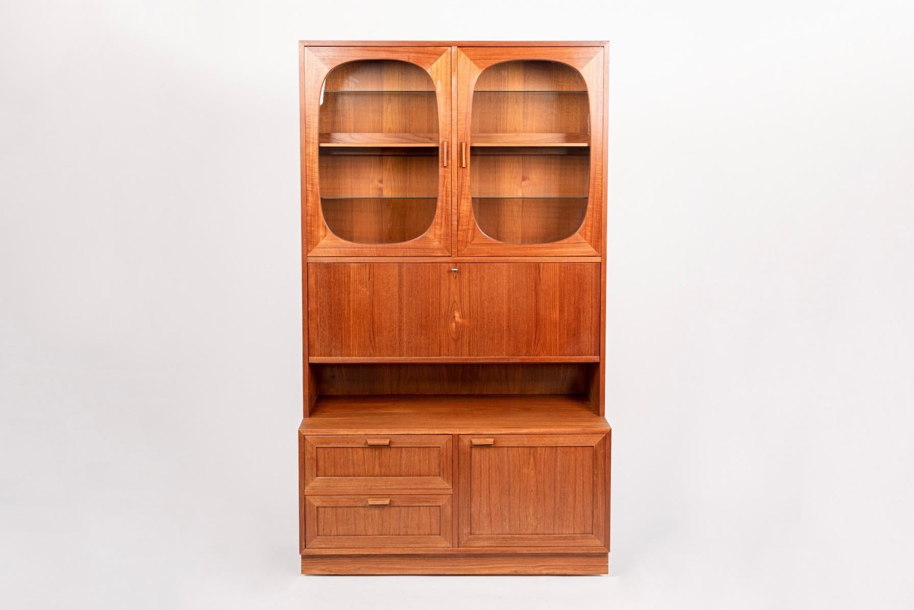 20th Century Mid Century Danish Teak Wood Display Cabinets with Glass Doors & Drop-down