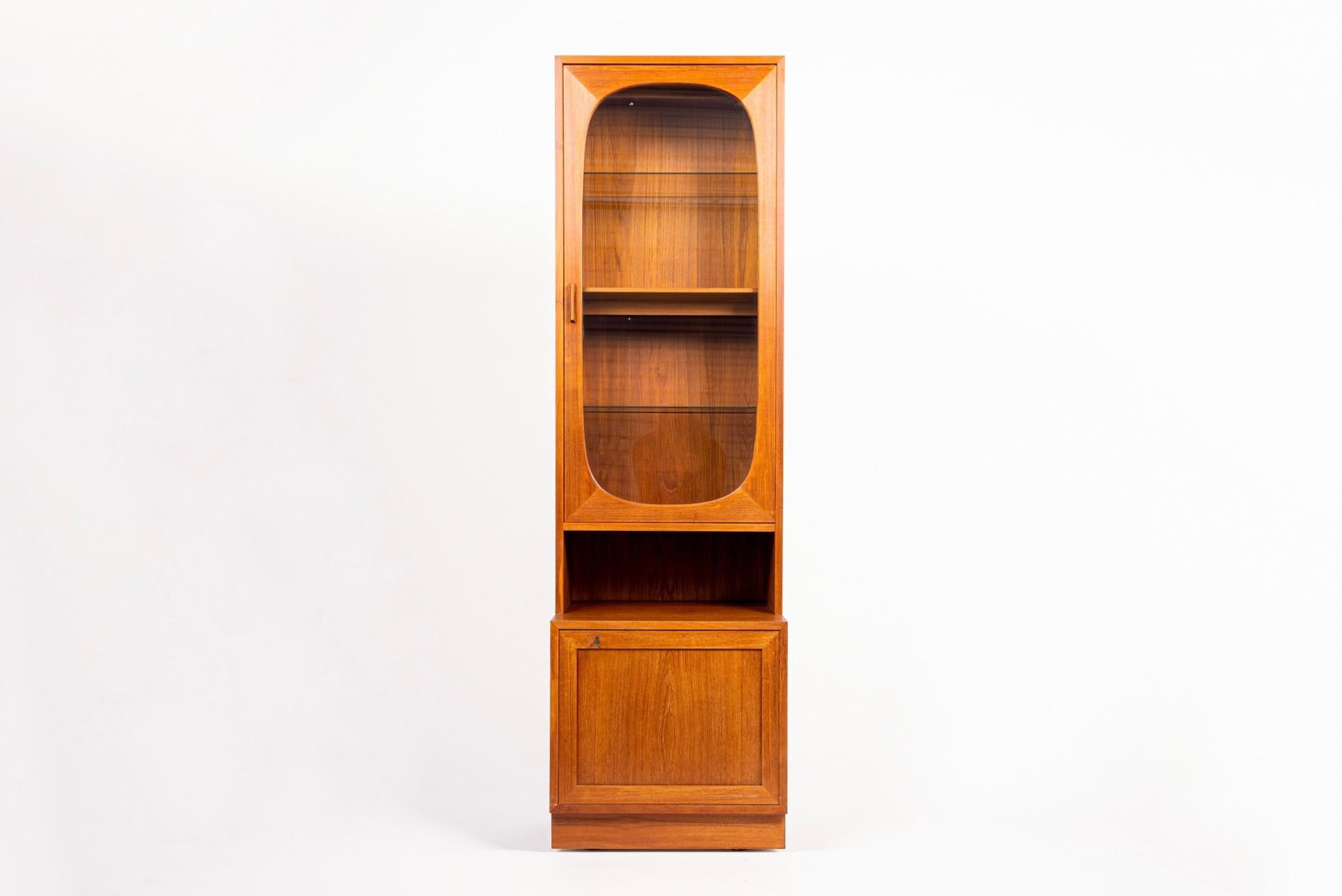 Brass Mid Century Danish Teak Wood Display Cabinets with Glass Doors & Drop-down