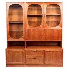 Mid Century Danish Teak Wood Display Cabinets with Glass Doors & Drop-down