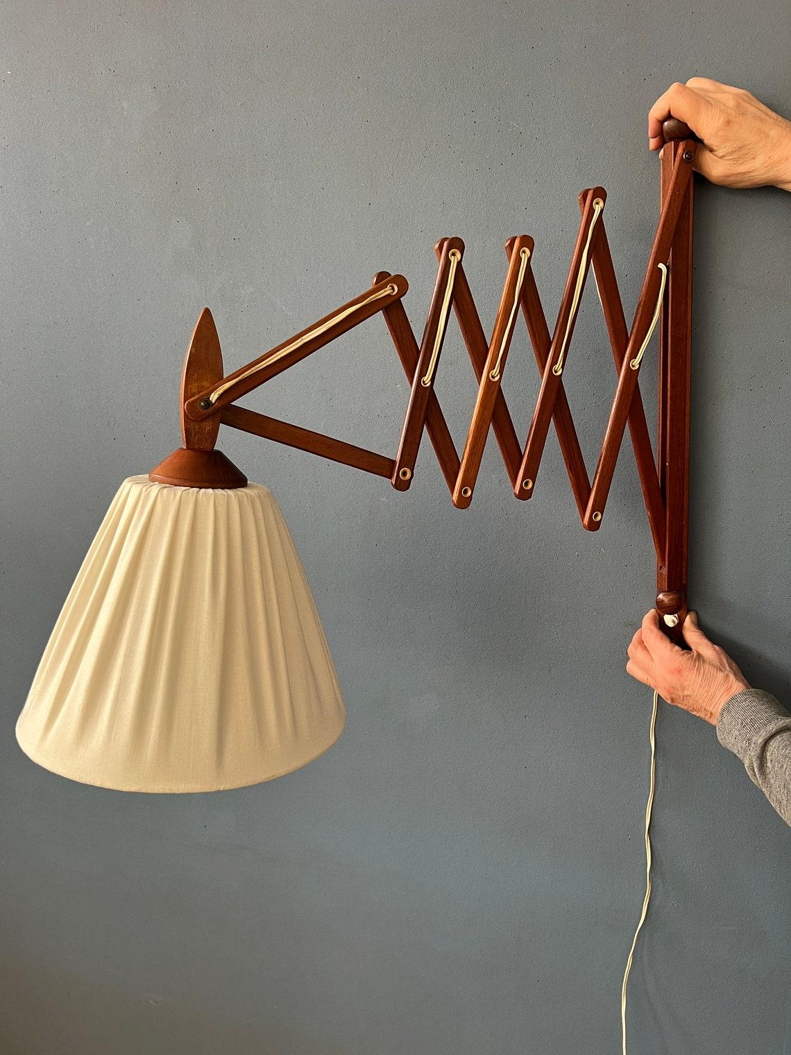Linen Mid Century Danish Teak Wood Scissor Wall Lamp, 1970s For Sale