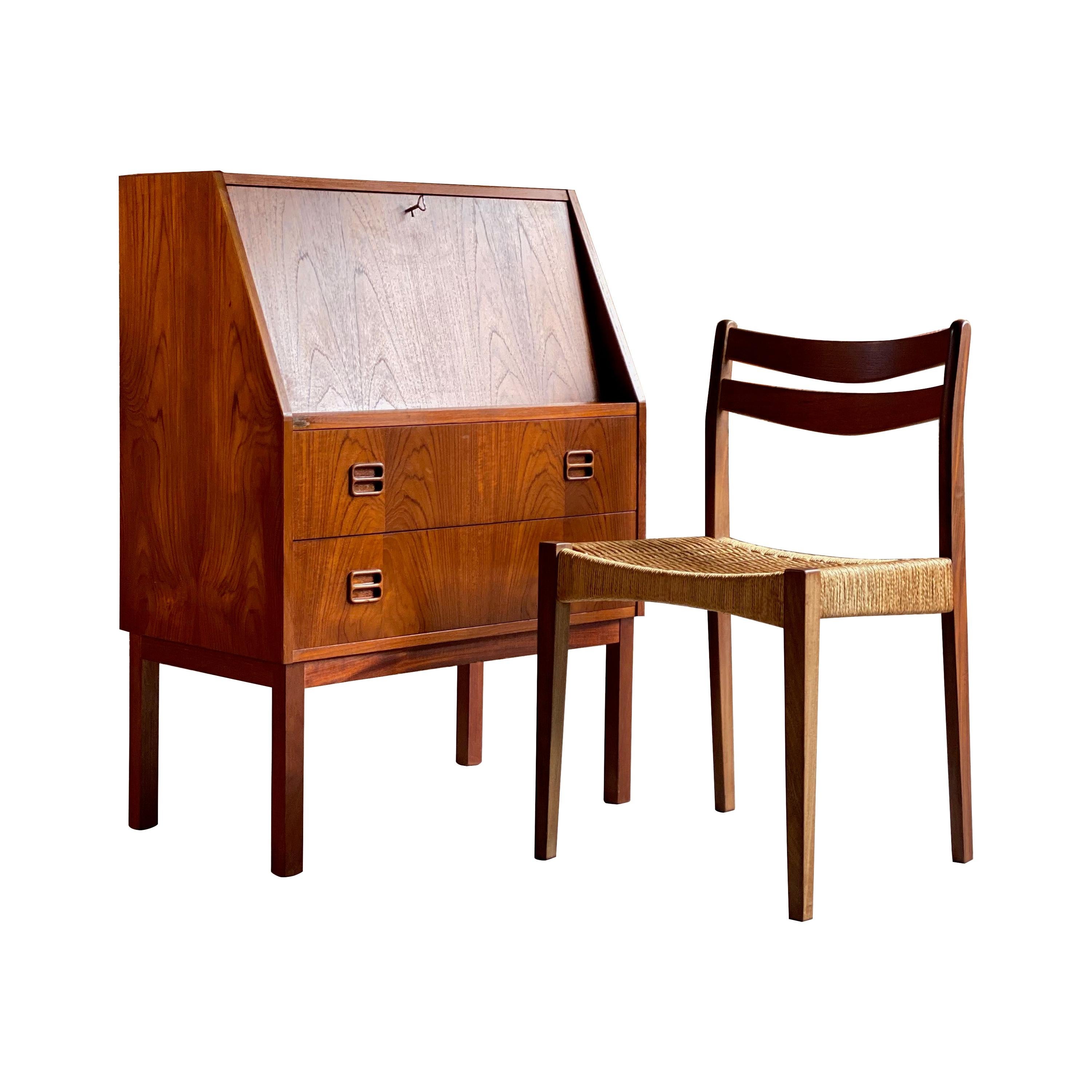 Midcentury Danish Teak Writing Bureau & Moller Style Chair, Denmark, circa 1970
