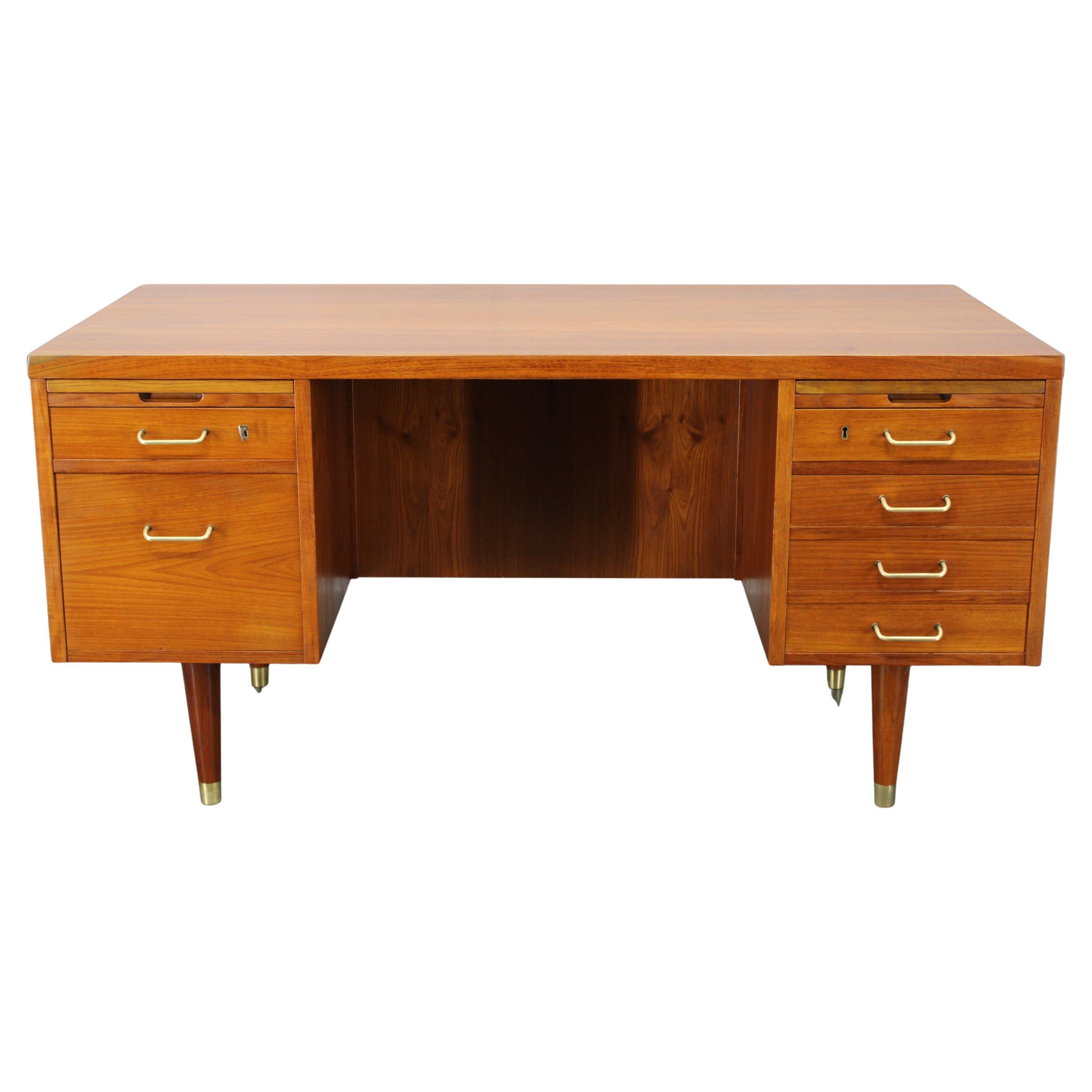 Mid-Century Danish Teak Writing Desk with Brass Details, 1960s For Sale