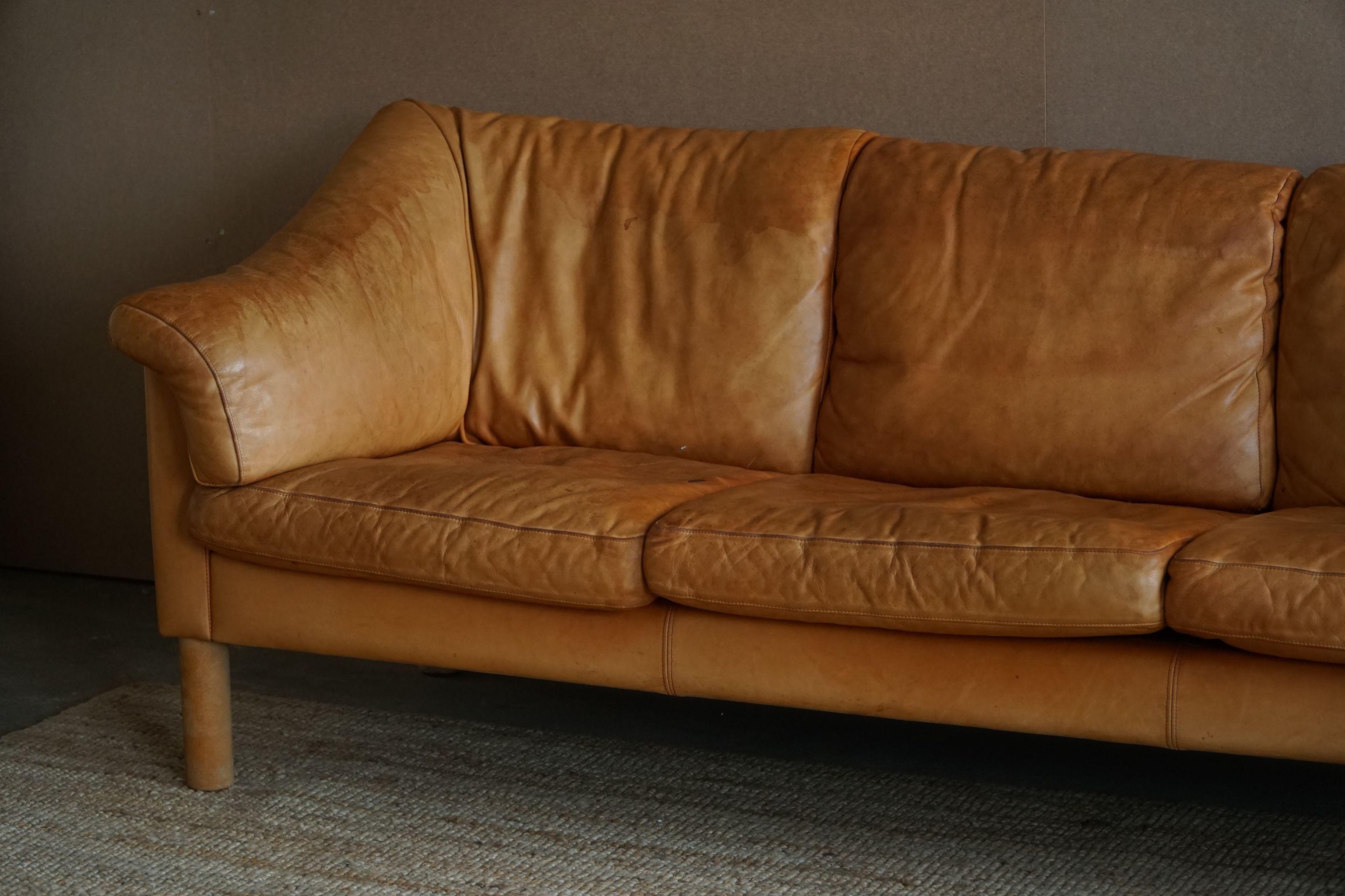 Mid Century Danish Three Seater Sofa in Cognac coloured Leather, 1970s 10