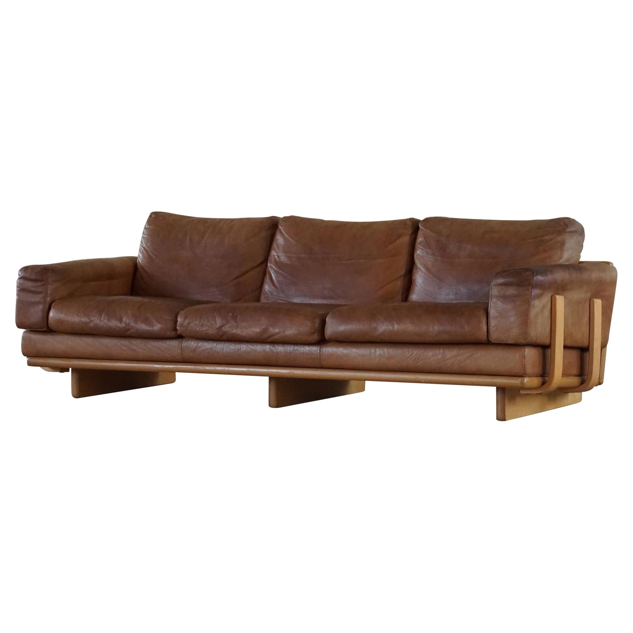 Mid Century Danish Three Seater Sofa in Leather and Beech Frame, 1960s