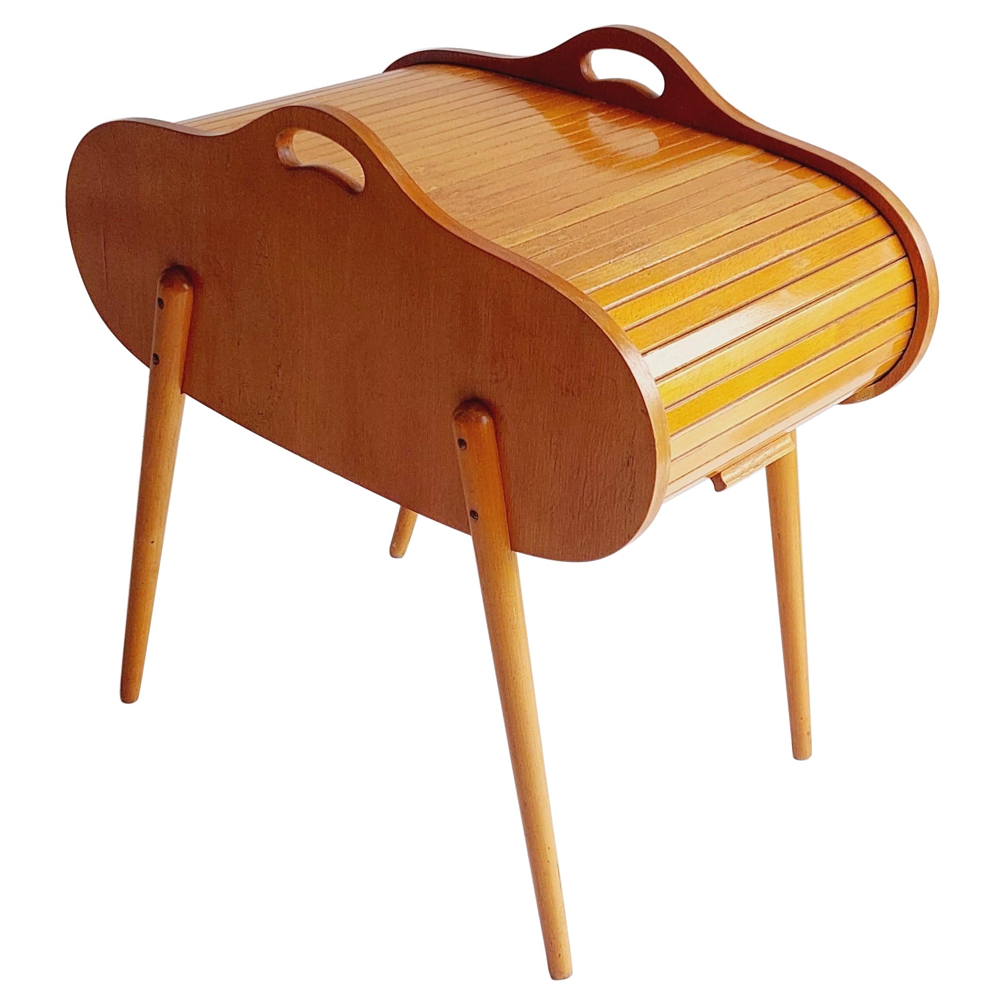 Mid Century Danish Top Roll Tambour Sewing Box Beech,  1950 60s