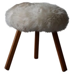 Mid Century Danish Tripod Stool in Beech and Reupholstered in Lambswool, 1960s
