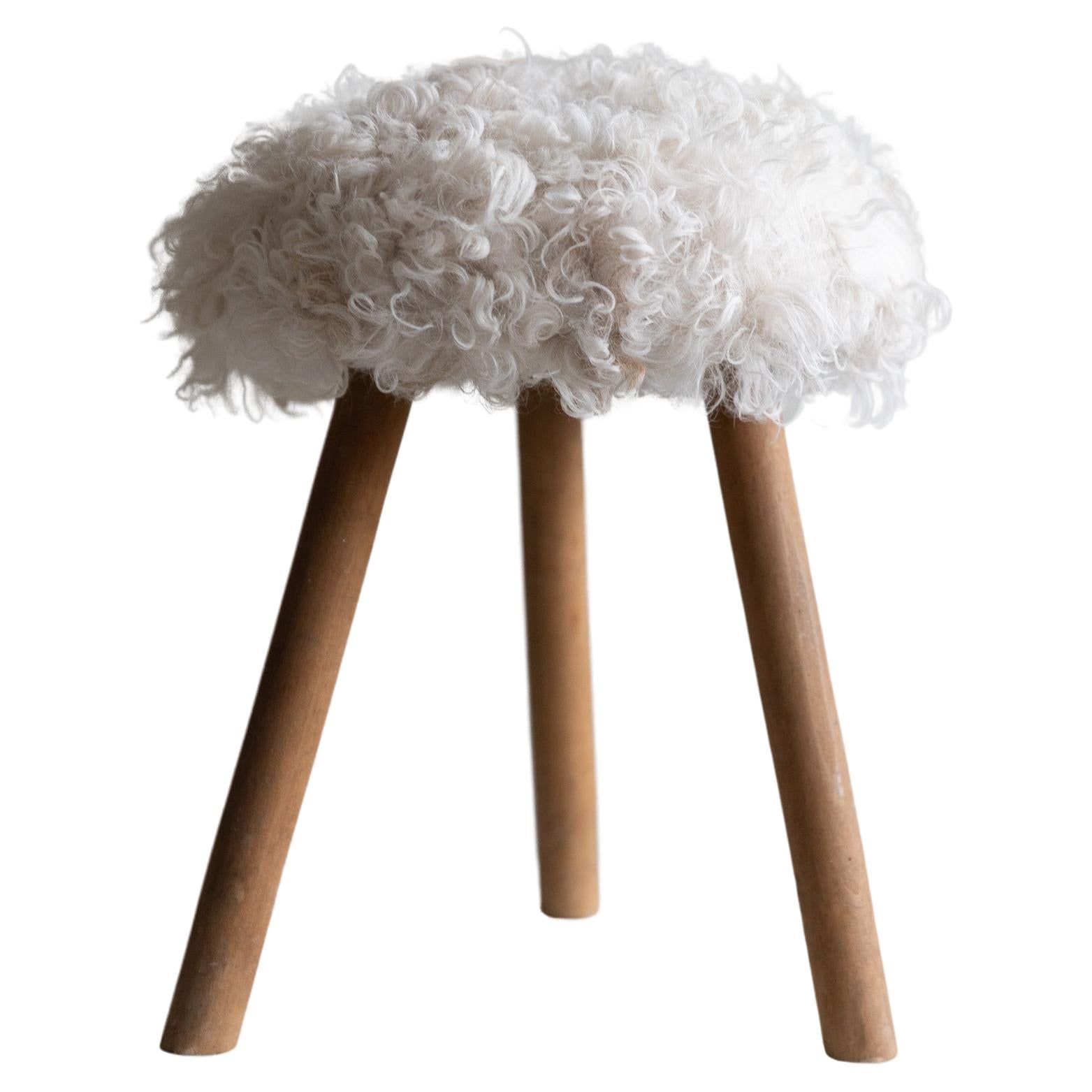 Mid-Century Danish Tripod Stool in Beech, Reupholstered in Lambswool, 1960s For Sale