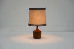 Mid-Century Danish Turned Wood Table Lamp with Fabric Shade