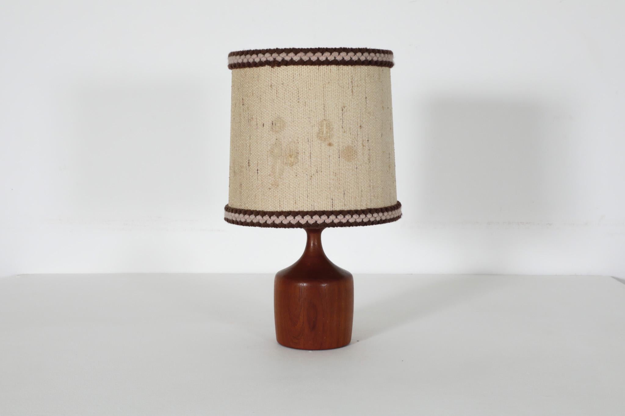 20th Century Mid-Century Danish Turned Wood Table Lamp with Fabric Shade For Sale