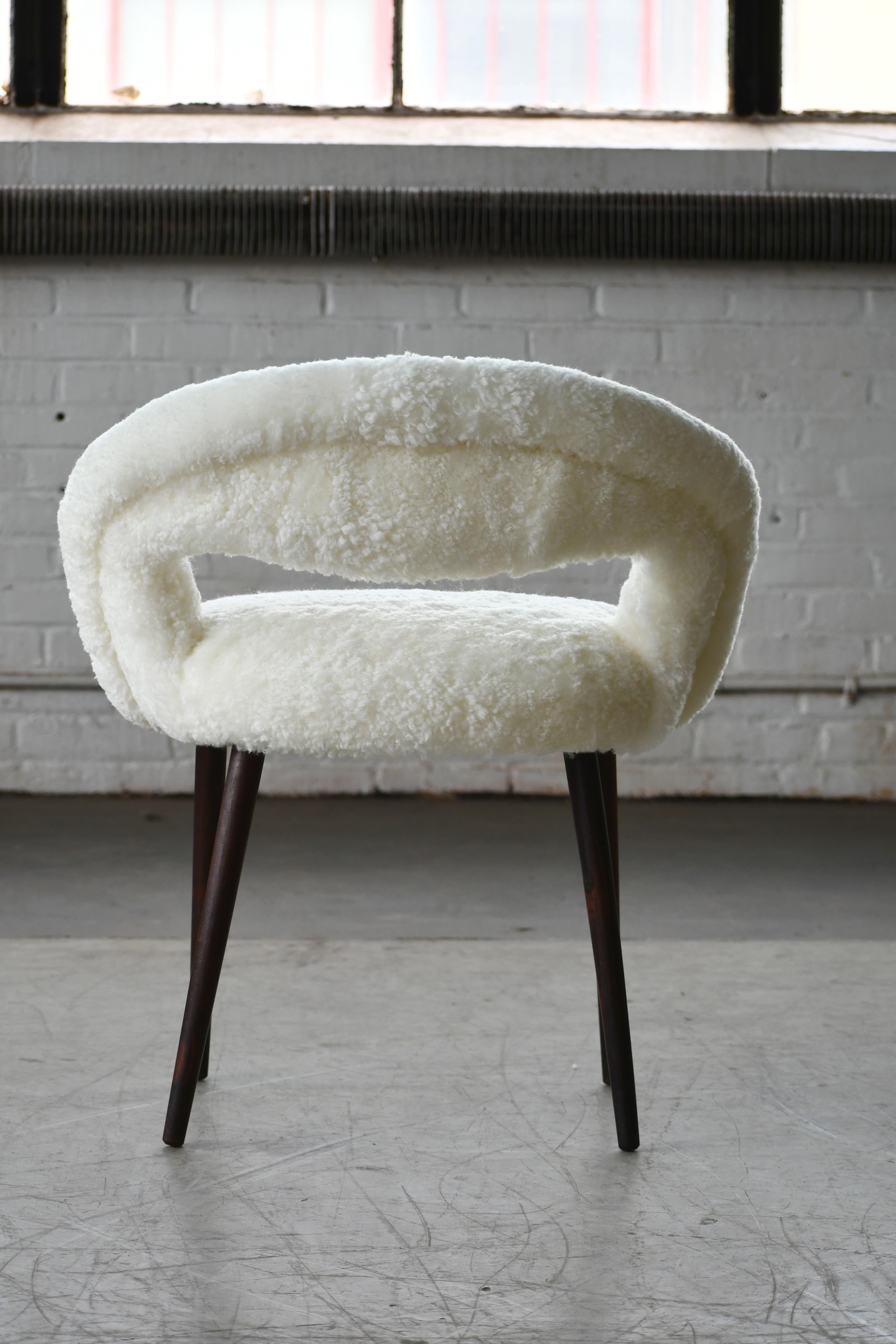 Midcentury Danish Vanity or Dressing Room Chair in Shearling by Frode Holm In Excellent Condition In Bridgeport, CT