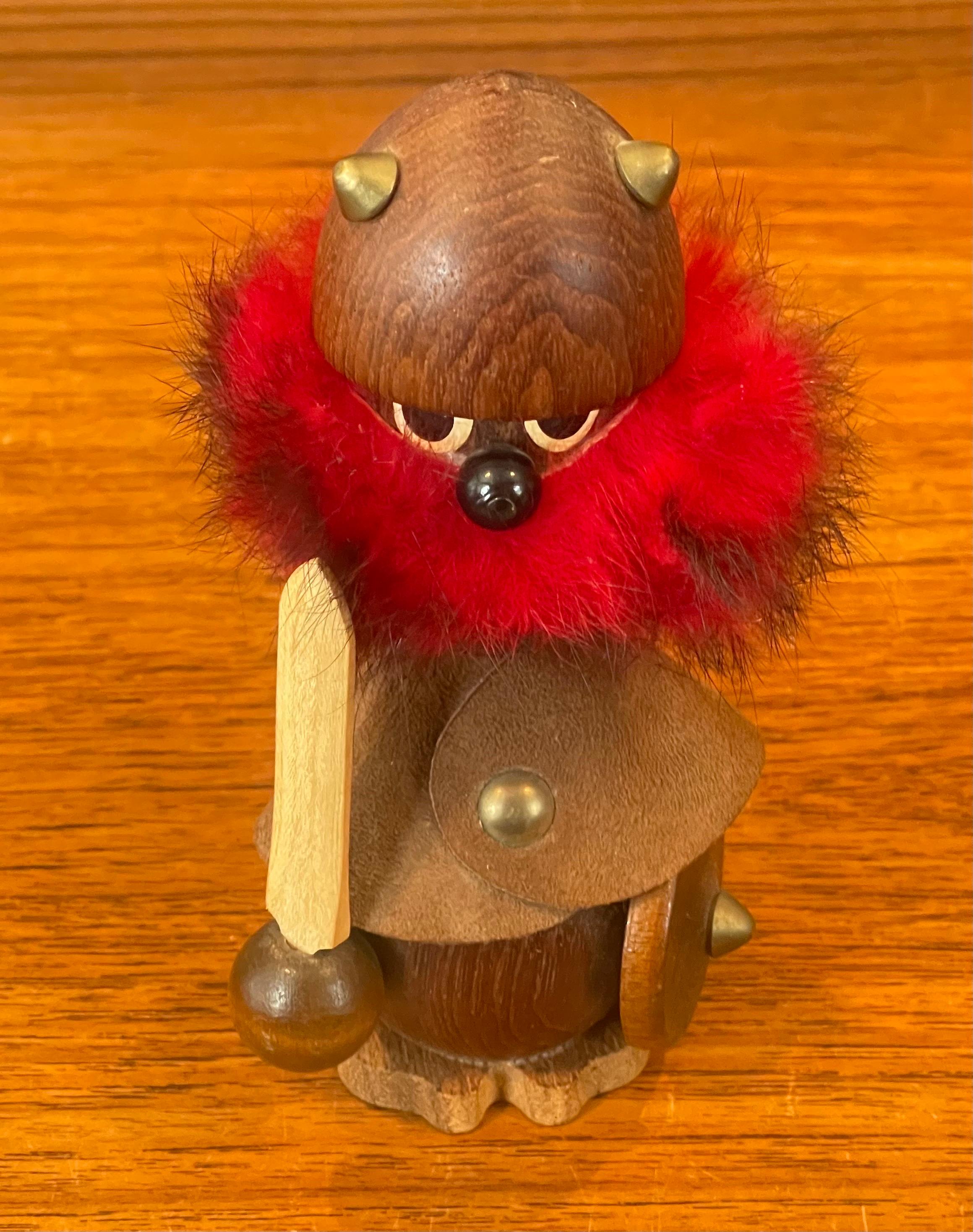 A very cool and well made mid-century Danish viking figure made of mixed woods, leather and faux fur, circa 1950s. The figure is in very good vintage condition and measures 3