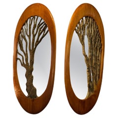 Mid-Century Danish Vintage Handcraved Custom Made Tick Wooden Mirrors