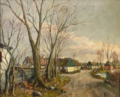 Mid century Danish vintage oil painting of a rural winter quiet village scene
