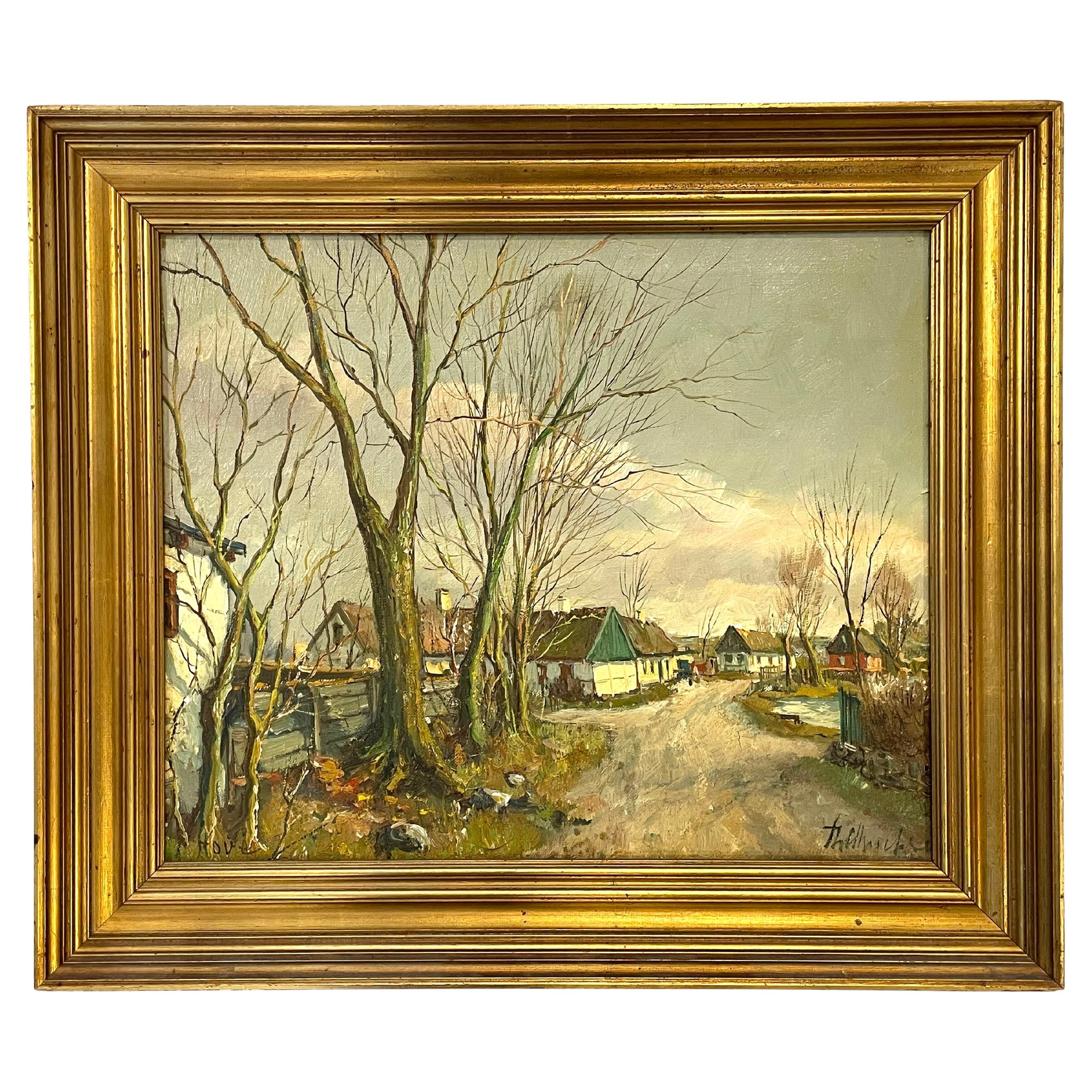 Mitte des Jahrhunderts dänischen Vintage-Ölgemälde einer ländlichen Winter ruhigen Dorf Szene