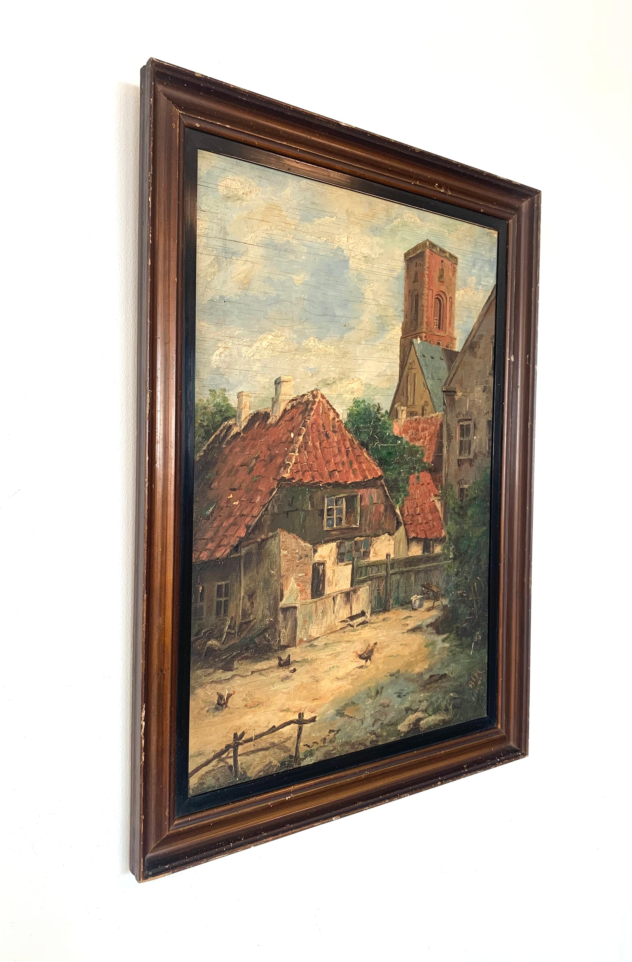 Mitte des Jahrhunderts dänischen Vintage-Ölgemälde des Dorfes Landschaft mit Kirche Kathedrale (Moderne der Mitte des Jahrhunderts) im Angebot