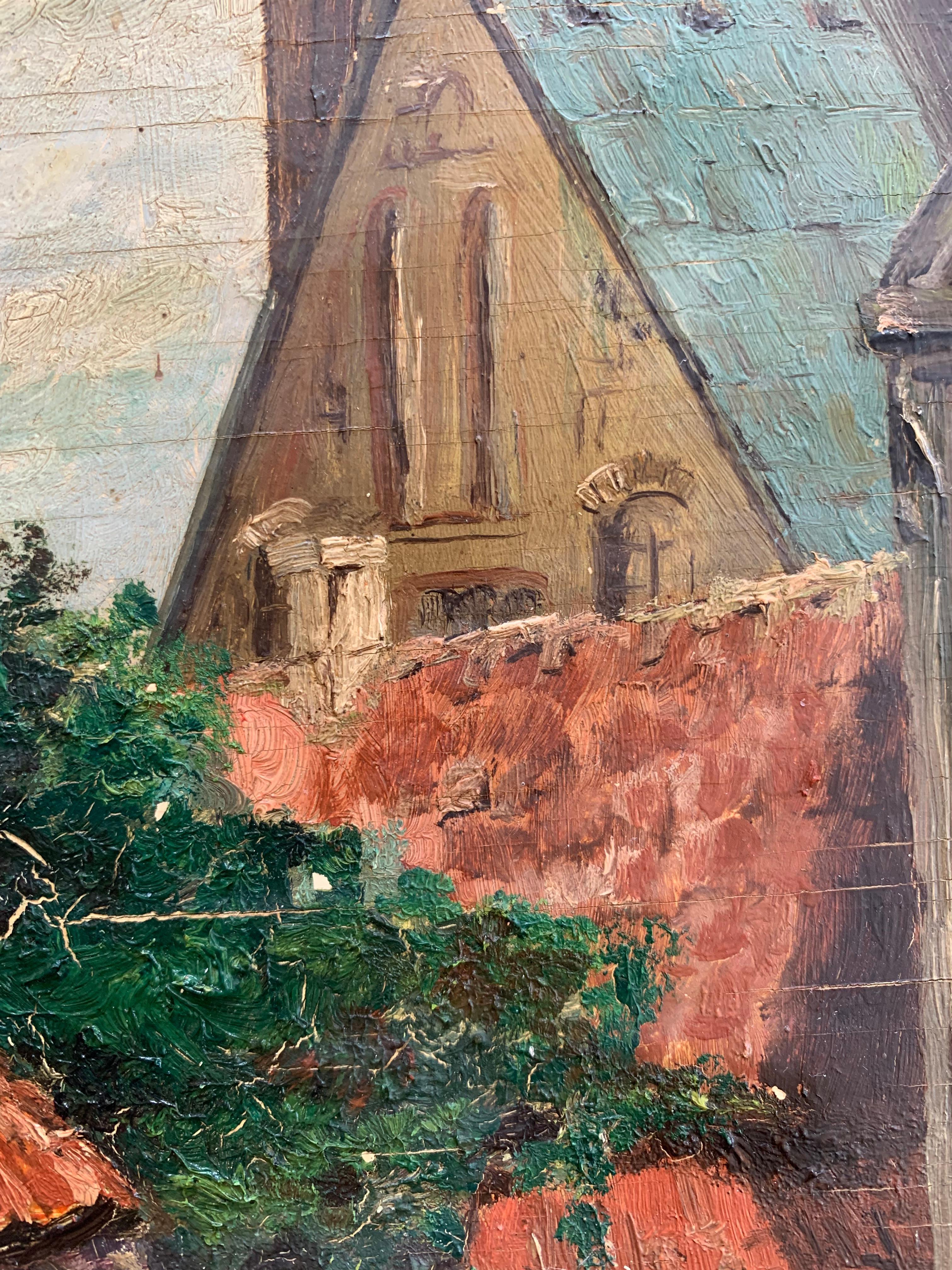 Mitte des Jahrhunderts dänischen Vintage-Ölgemälde des Dorfes Landschaft mit Kirche Kathedrale (Gemalt) im Angebot
