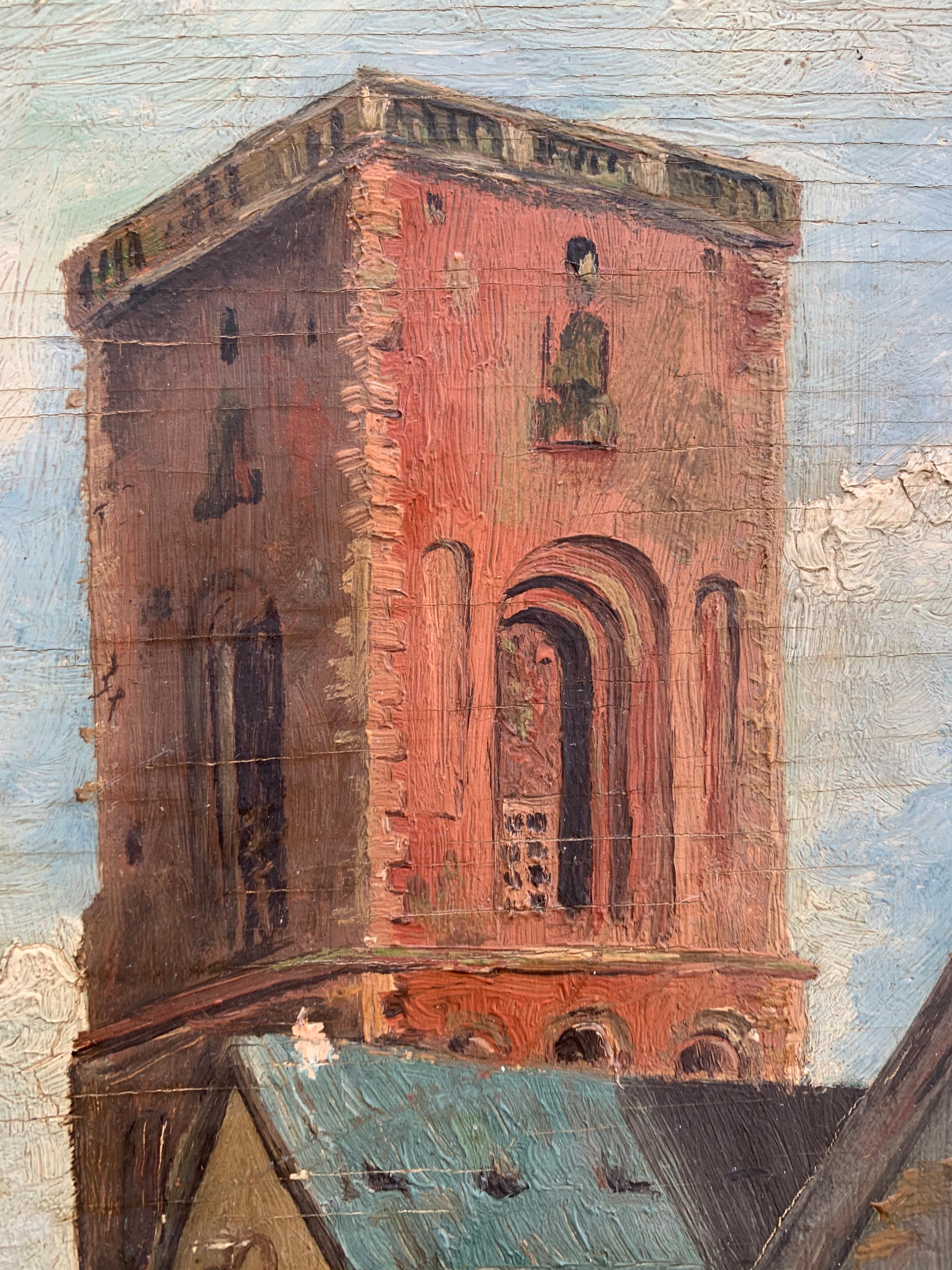 Mitte des Jahrhunderts dänischen Vintage-Ölgemälde des Dorfes Landschaft mit Kirche Kathedrale im Zustand „Gut“ im Angebot in Ebberup, DK