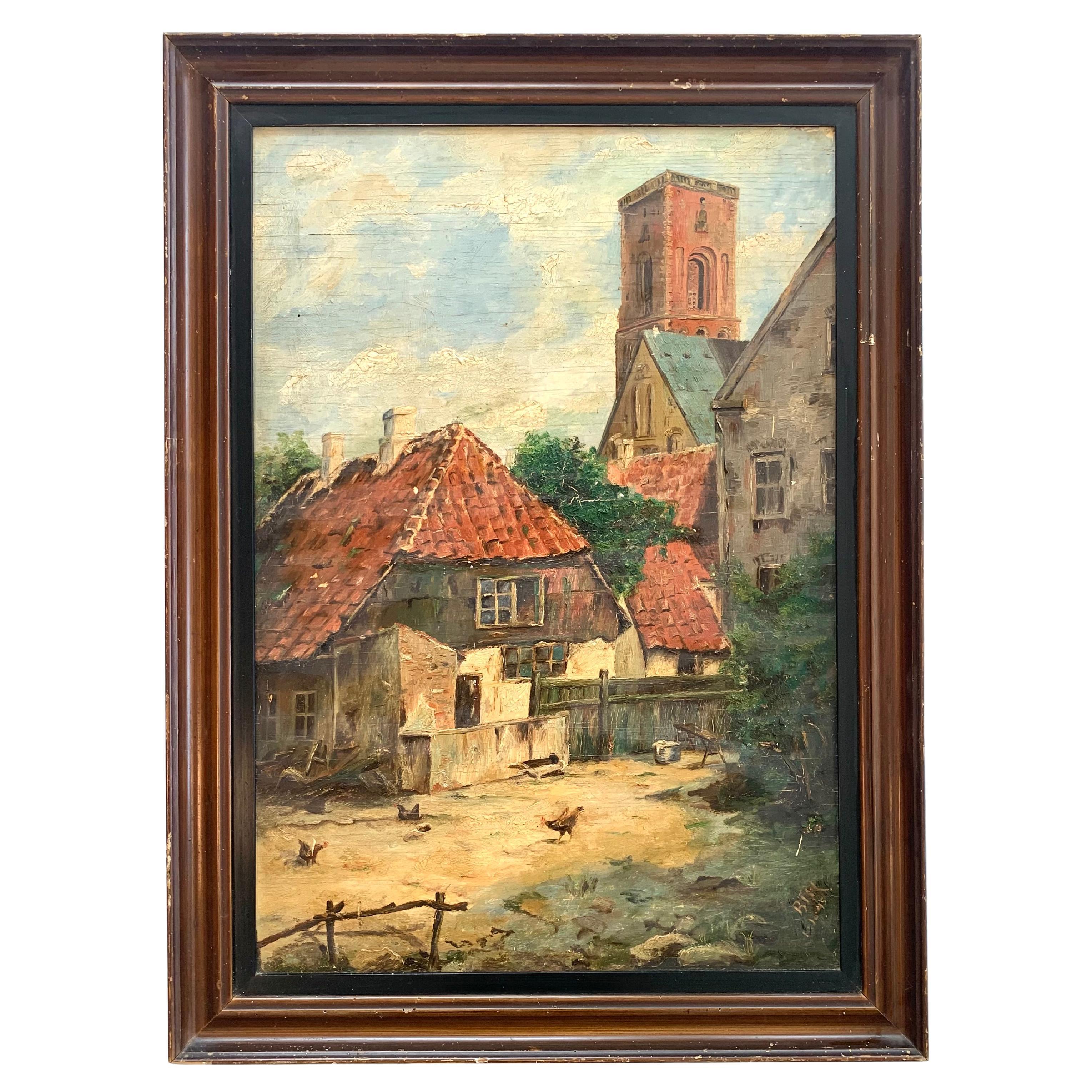 Mid century Danish vintage oil painting of village scenery with church cathedral