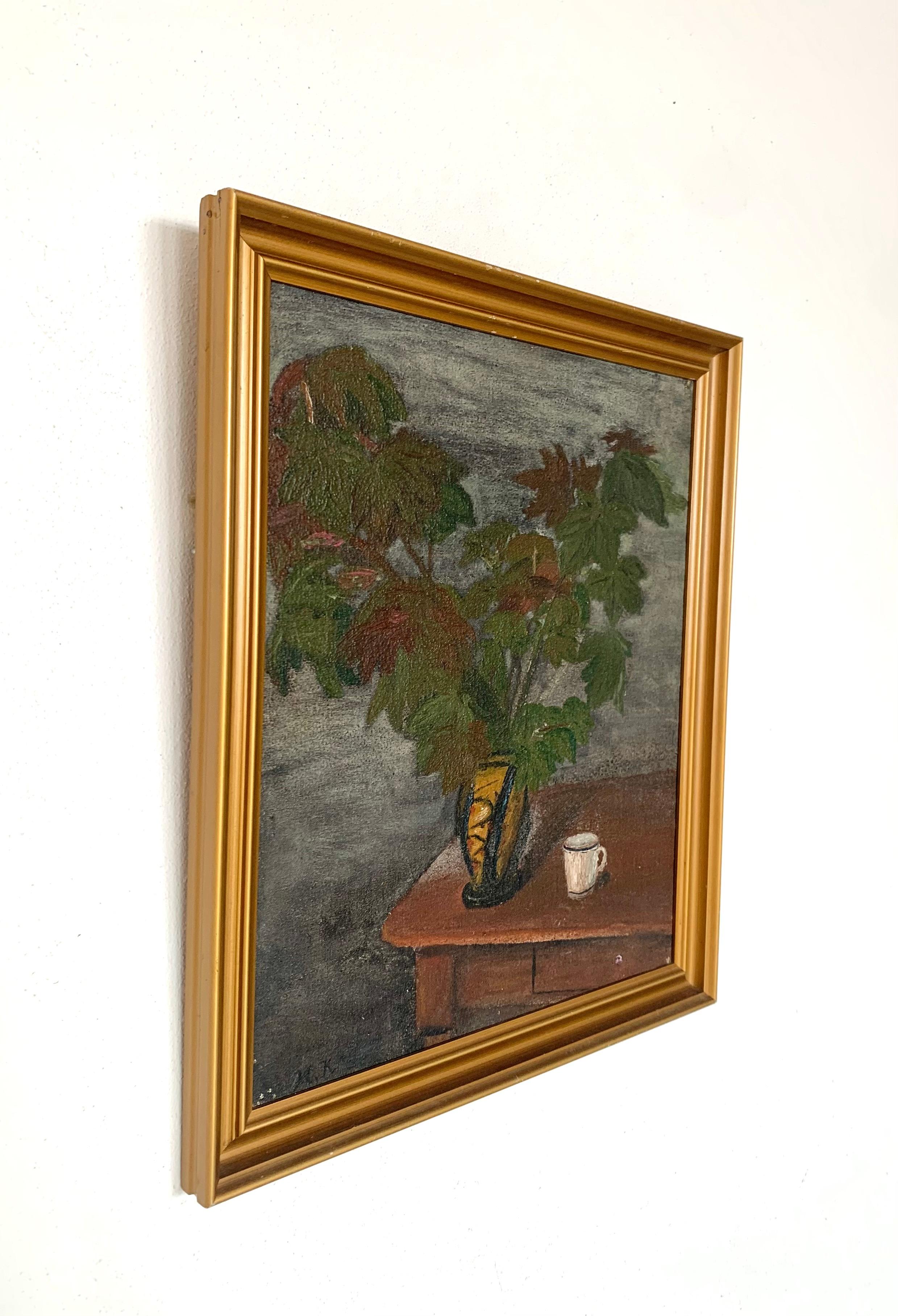 Mitte des Jahrhunderts dänischen Vintage Stillleben Ölgemälde von grünen Blättern in einer Vase (Art déco) im Angebot