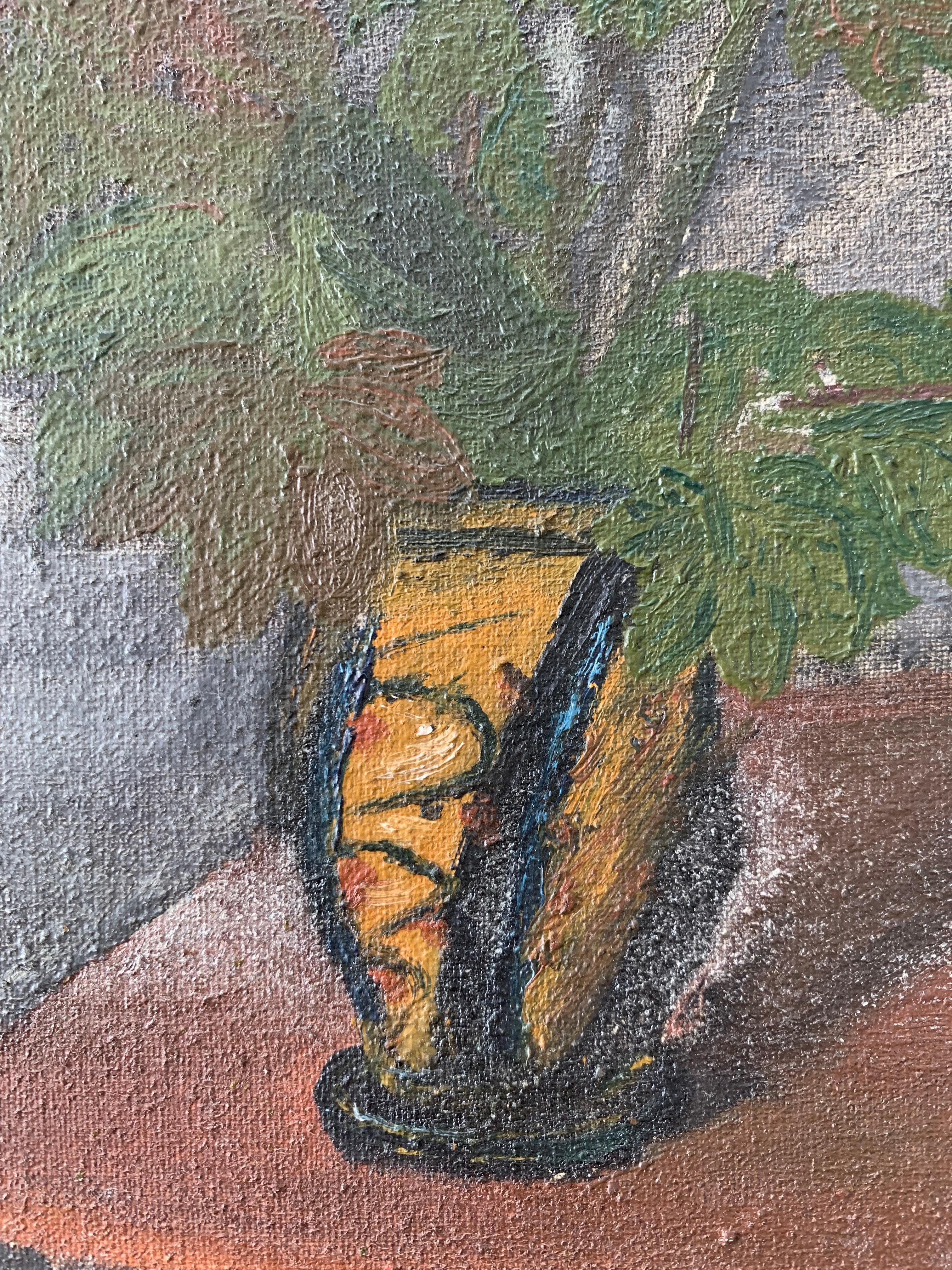 Mitte des Jahrhunderts dänischen Vintage Stillleben Ölgemälde von grünen Blättern in einer Vase (Gemalt) im Angebot