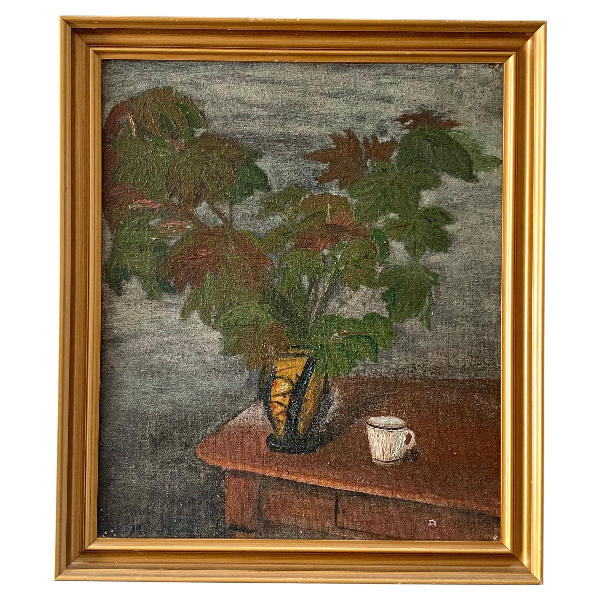 Nature morte vintage danoise du milieu du siècle, peinture à l'huile de feuilles vertes dans un vase