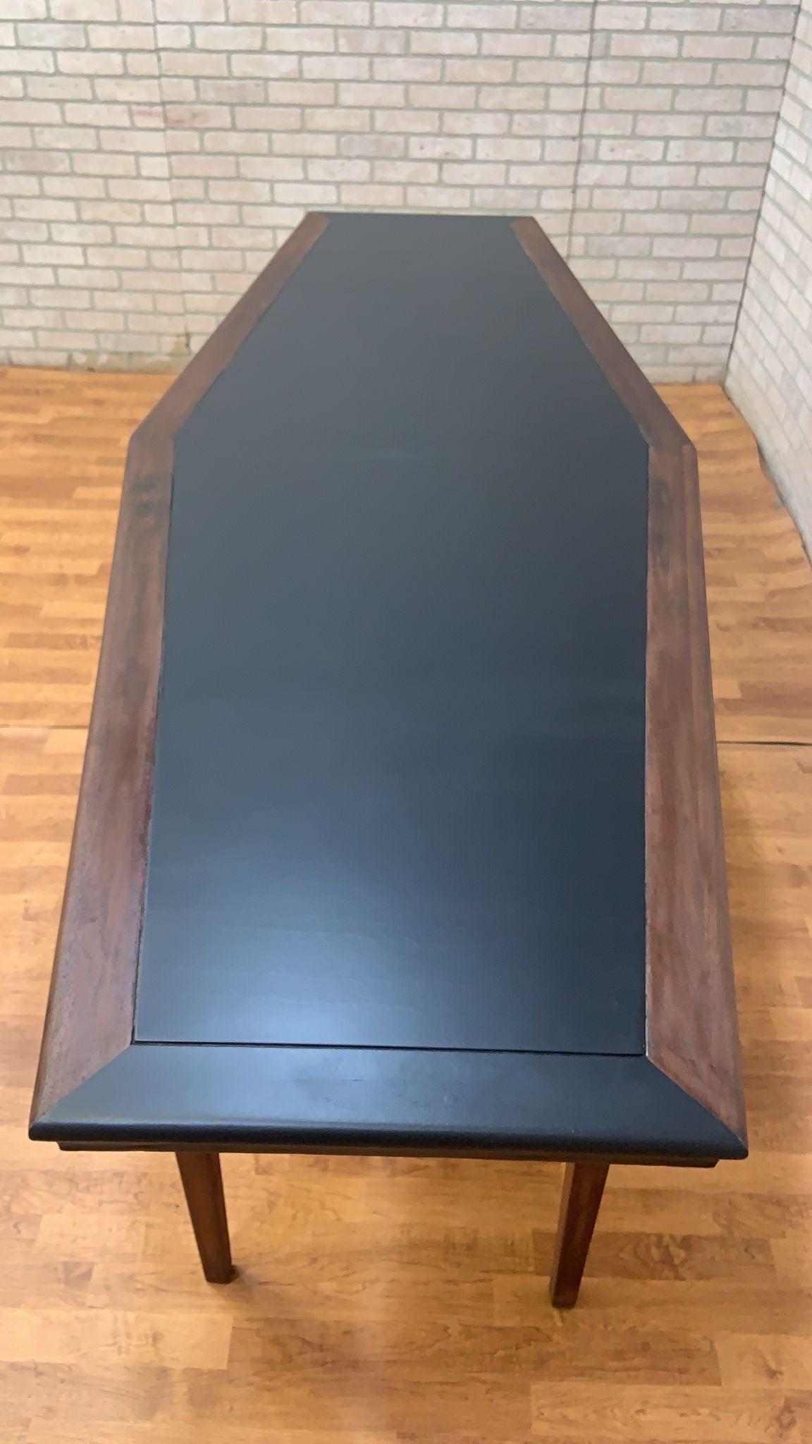 Midcentury Danish Walnut Narrow Boat Shaped Table with Black Laminate Inlay For Sale 4