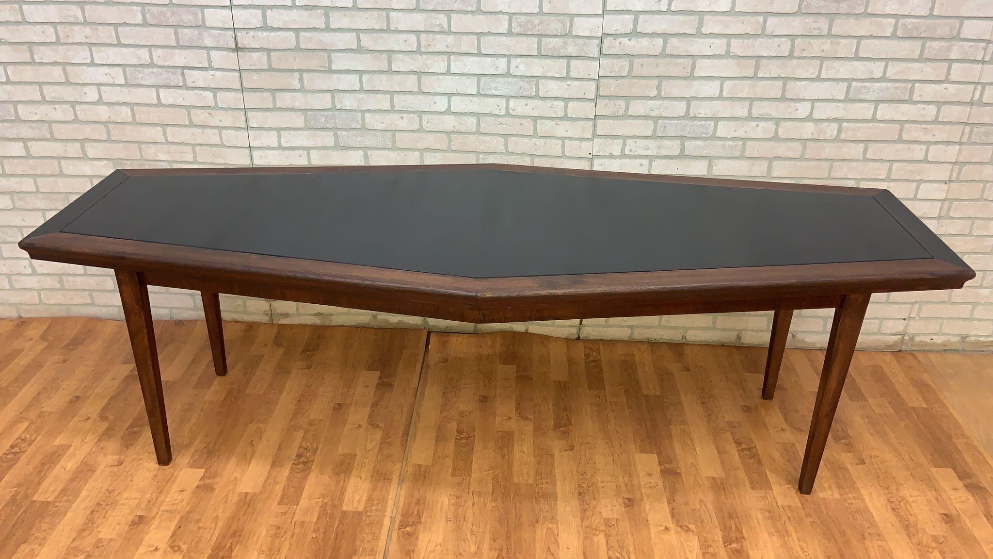 Midcentury Danish Walnut Narrow Boat Shaped Table with Black Laminate Inlay For Sale 7