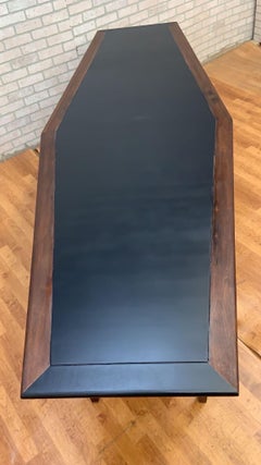 Midcentury Danish Walnut Narrow Boat Shaped Table with Black Laminate Inlay