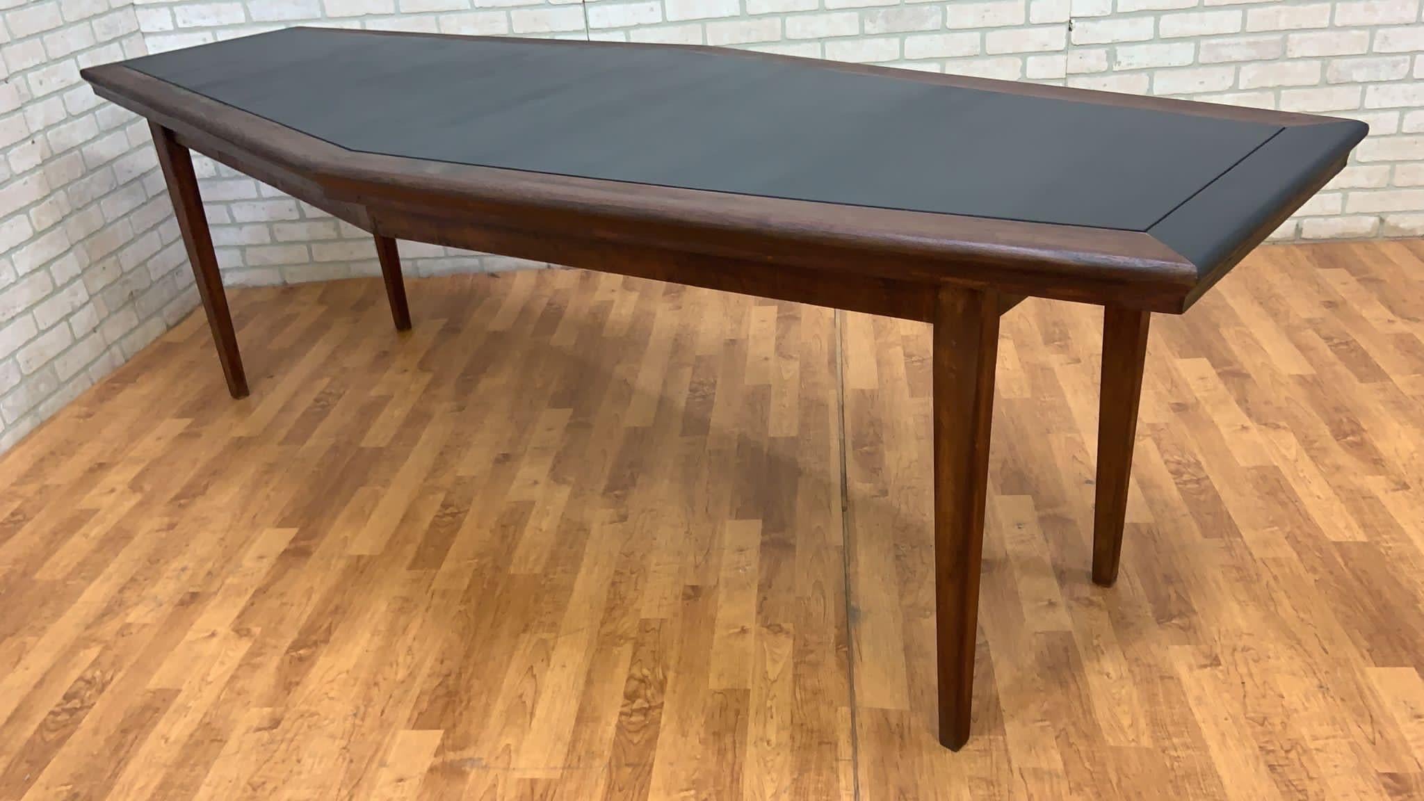 Hand-Crafted Midcentury Danish Walnut Narrow Boat Shaped Table with Black Laminate Inlay For Sale
