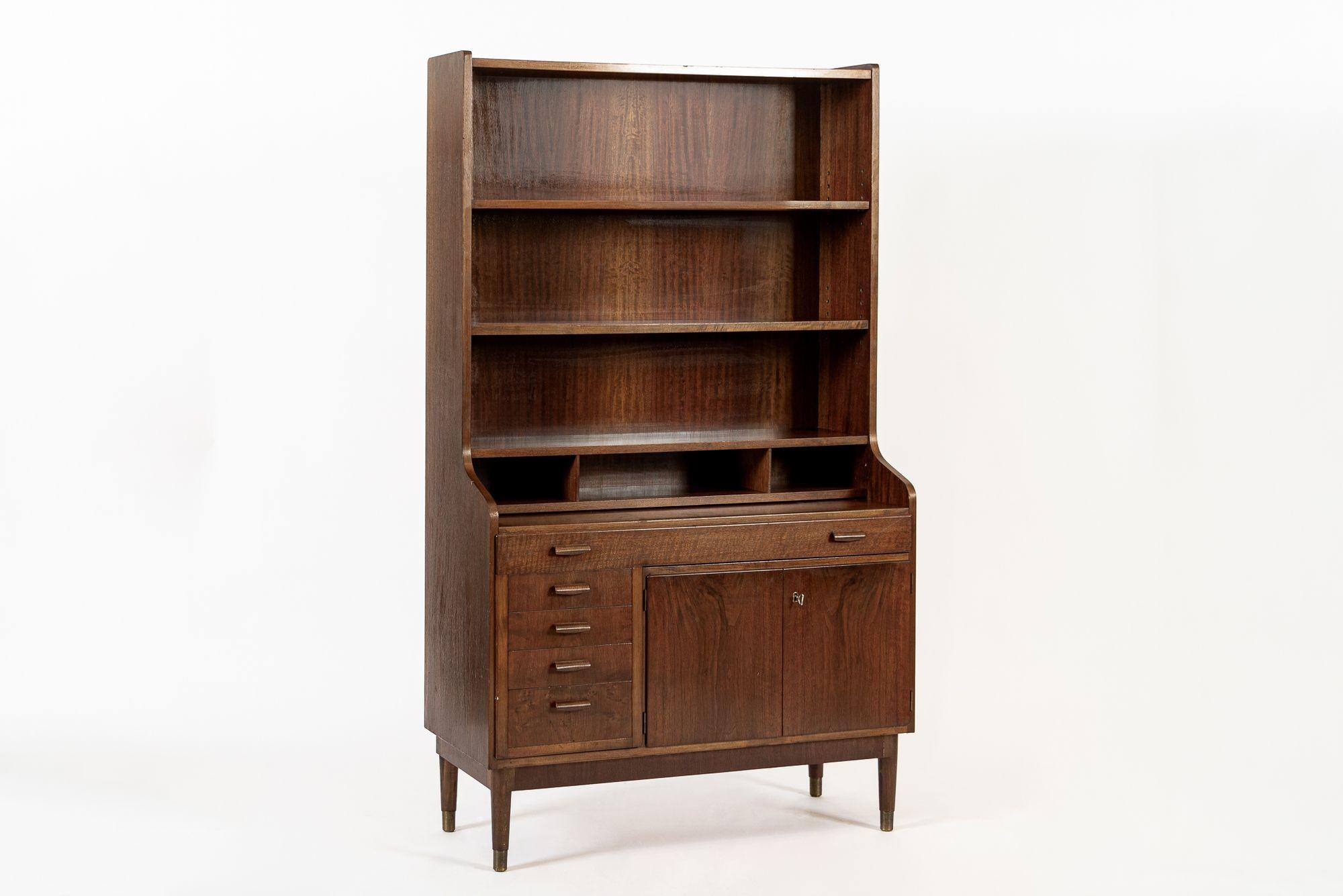 Mid Century Danish Walnut Wood Bookcase & Pull-Out Secretary Desk, 1960s For Sale 10