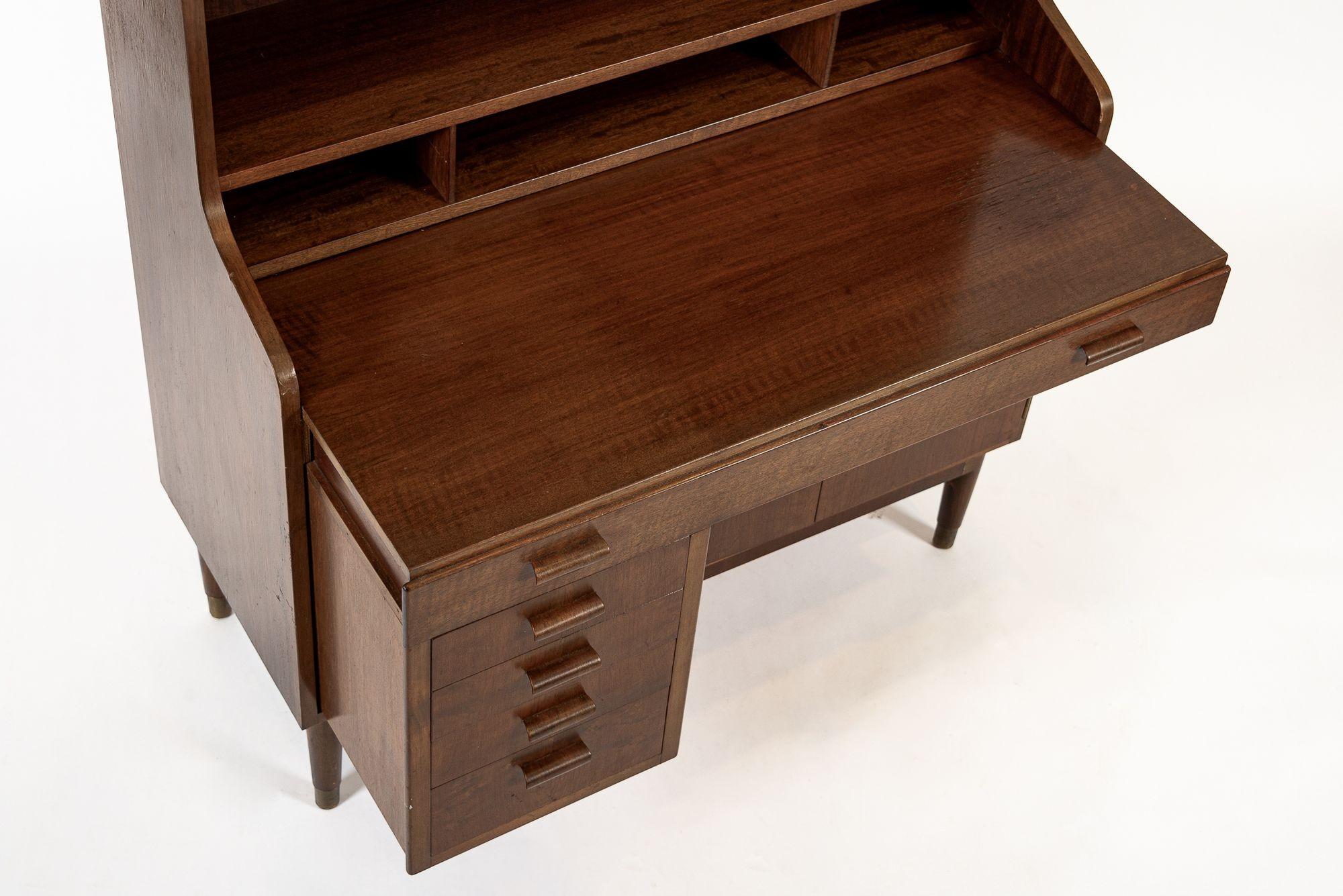 Mid Century Danish Walnut Wood Bookcase & Pull-Out Secretary Desk, 1960s For Sale 1