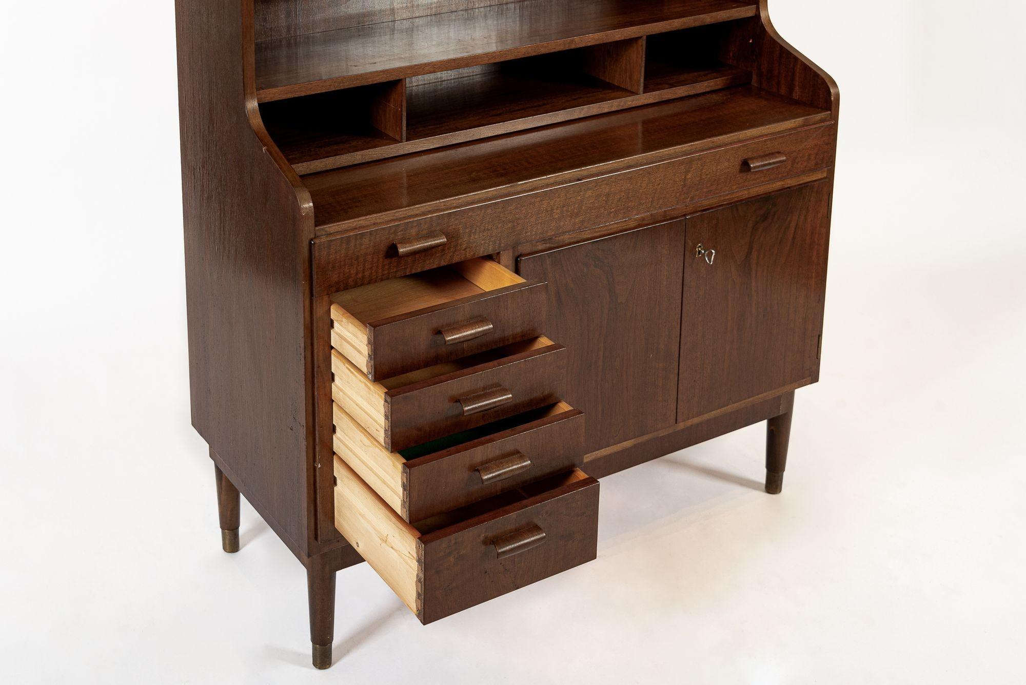 Mid Century Danish Walnut Wood Bookcase & Pull-Out Secretary Desk, 1960s For Sale 3