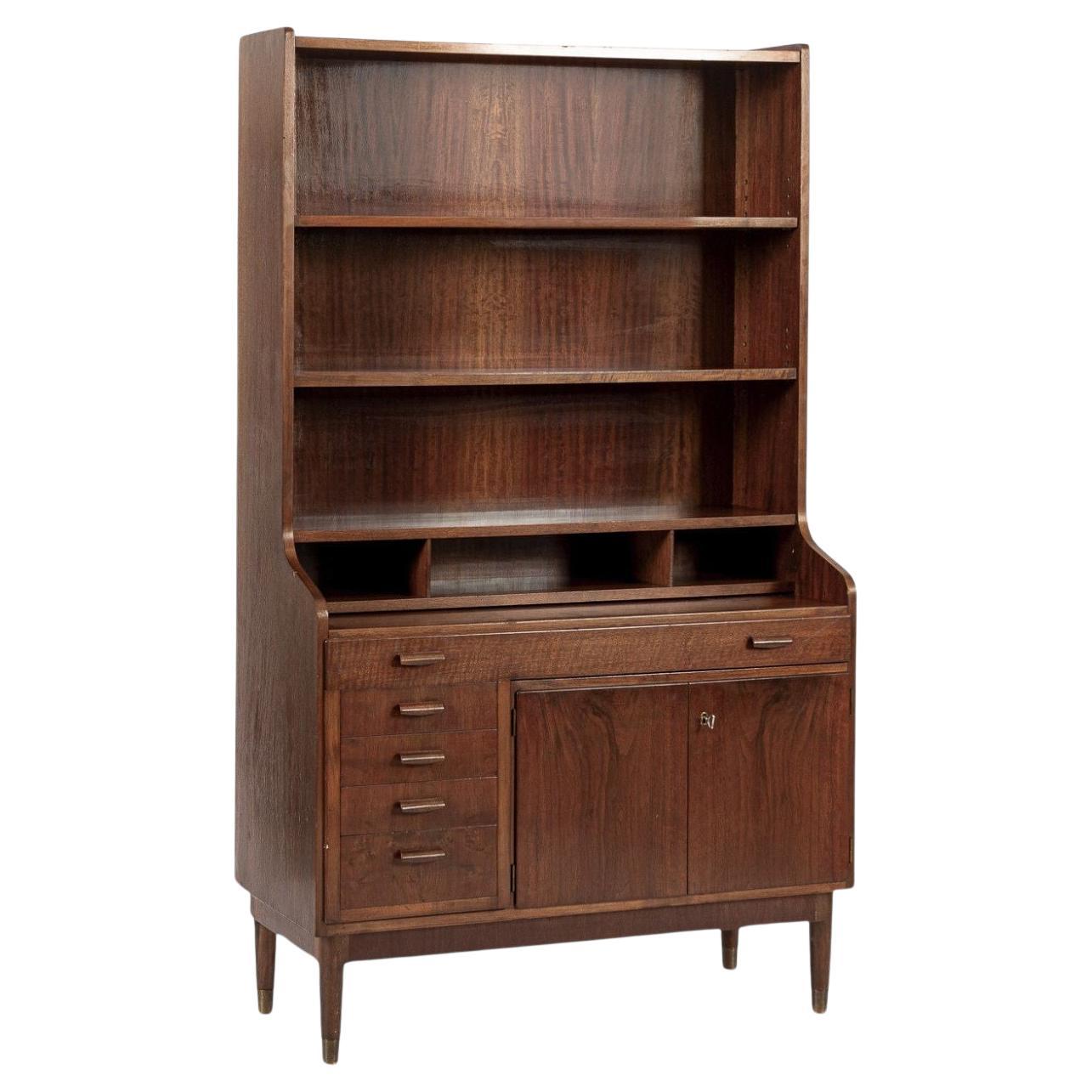 Mid Century Danish Walnut Wood Pull-Out Secretary Desk & Bookcase