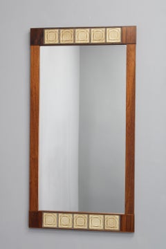 Miroir mural rectangulaire danois en bois et carrelage du milieu du siècle, années 1960