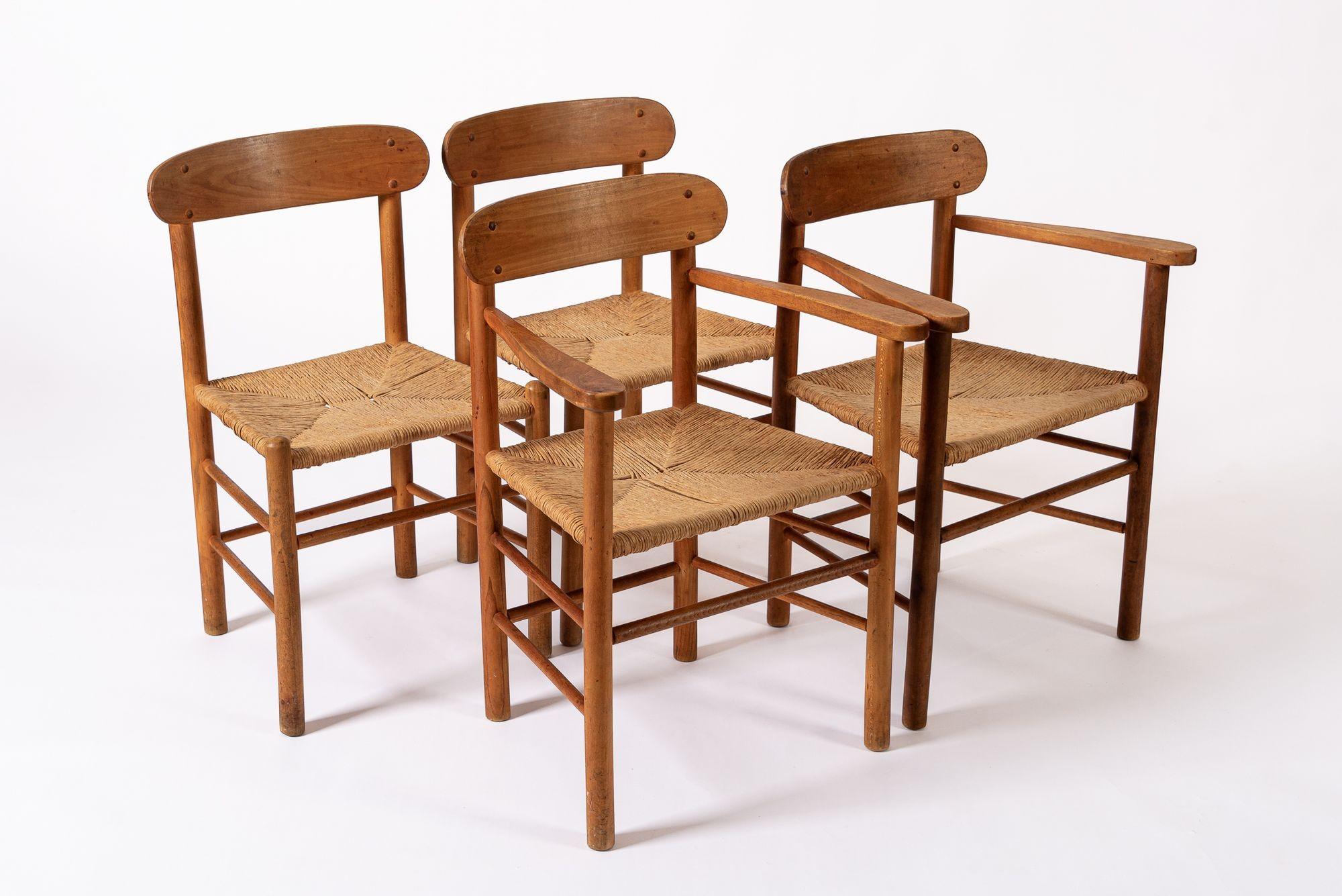 Sillas de comedor danesas de madera y mimbre de mediados de siglo Danés en venta