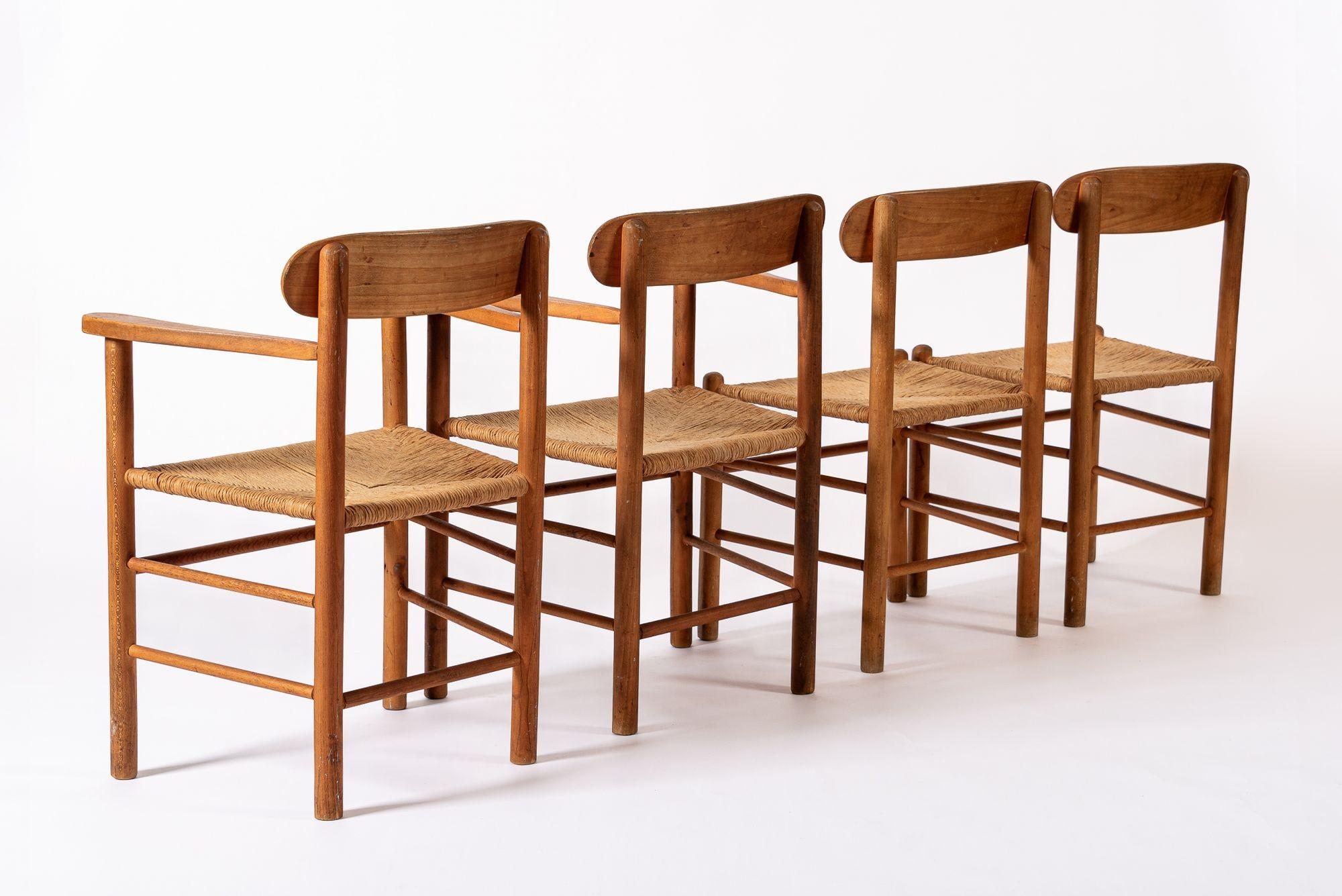 Sillas de comedor danesas de madera y mimbre de mediados de siglo Mimbre en venta