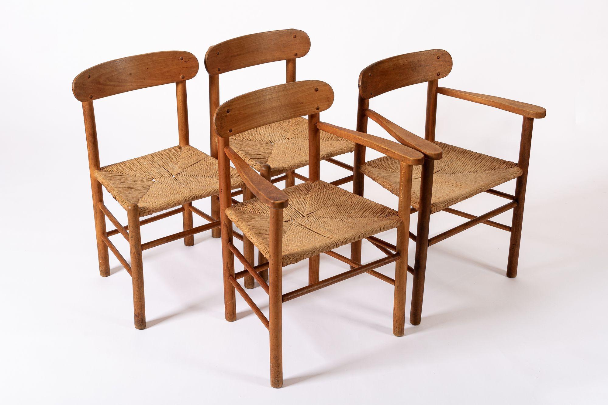 Sillas de comedor danesas de madera y mimbre de mediados de siglo en venta 1