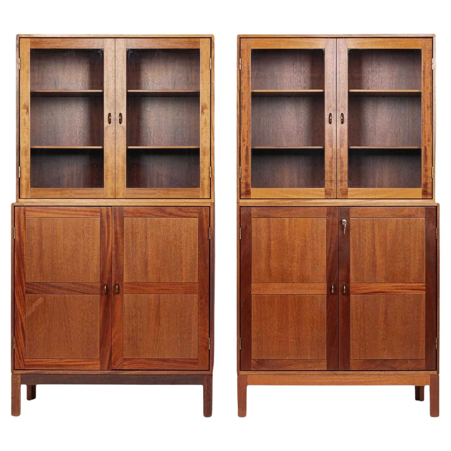 Midcentury Danish Wood Storage Cabinets with Glass Doors & File Drawer